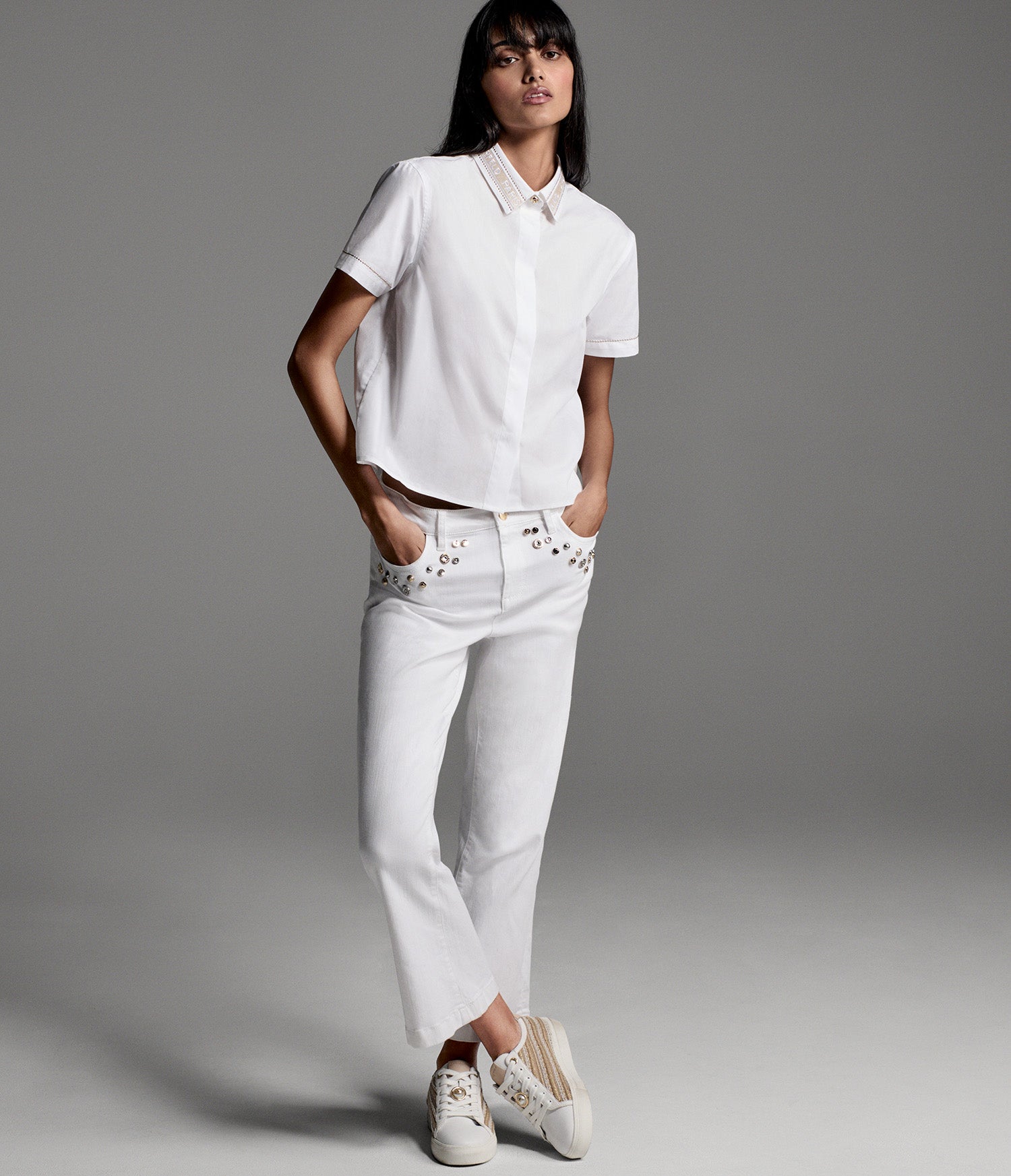 SHORT SLEEVE POPLIN SHIRT WITH EMBELLISHED TRIM VIEW 8 | Women's Tops & Sweaters SHORT SLEEVE POPLIN SHIRT WITH EMBELLISHED TRIM VIEW 8 | Women's Tops & Sweaters