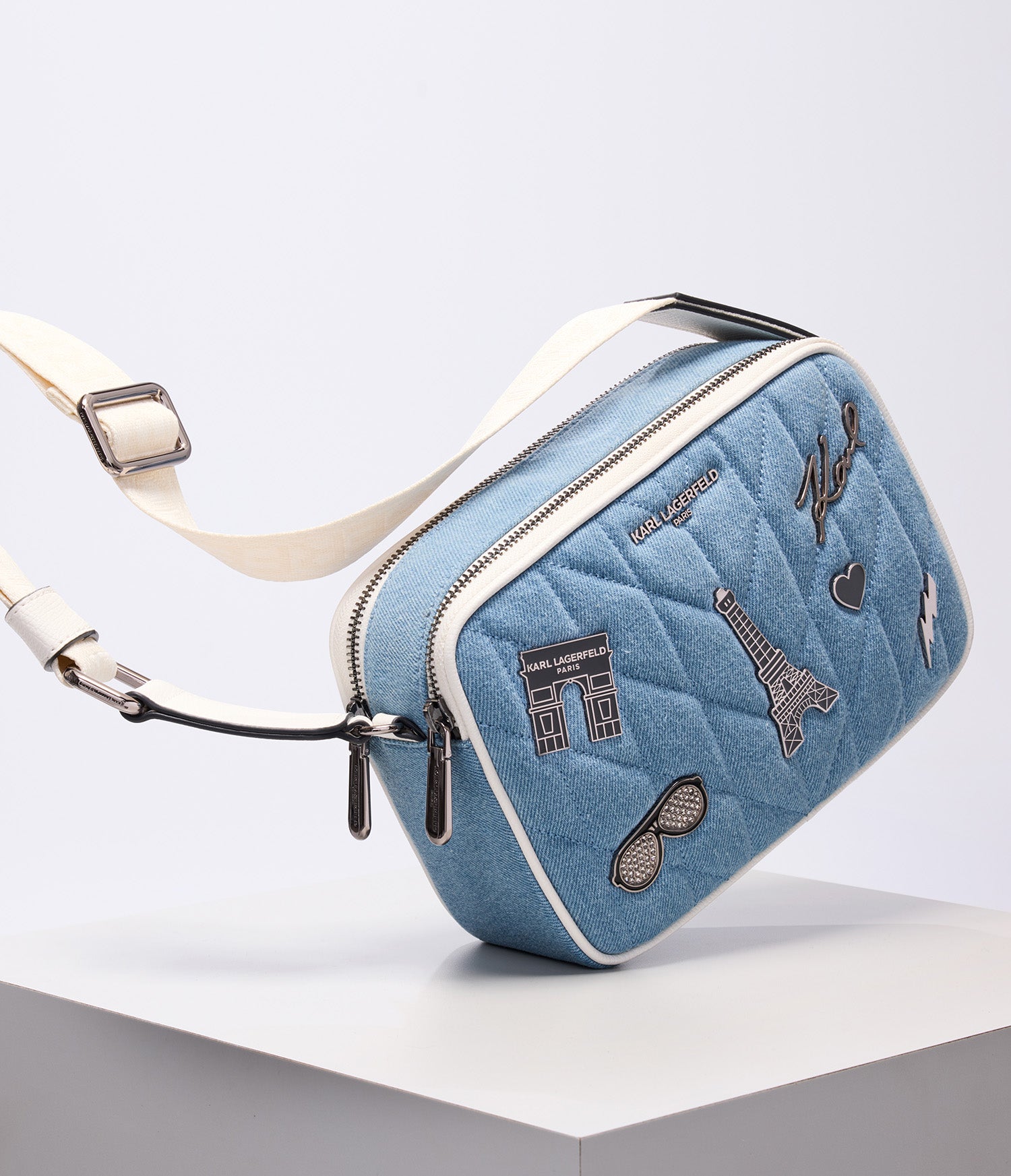 MAYBELLE DENIM CROSSBODY WITH PARIS PINS View 1 | Products MAYBELLE DENIM CROSSBODY WITH PARIS PINS View 1 | Products