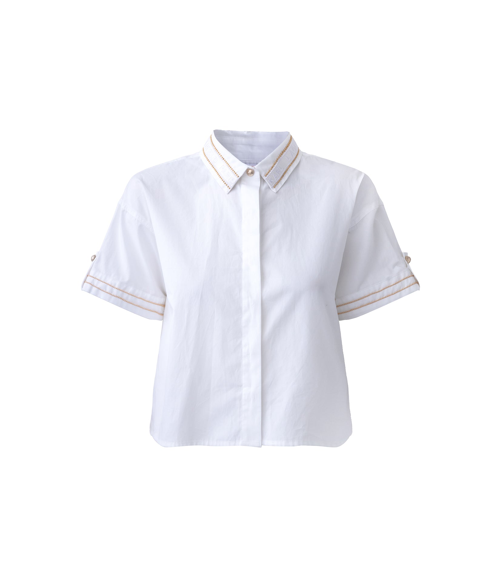 SHORT SLEEVE POPLIN SHIRT WITH EMBELLISHED TRIM View 2 | Women's Tops & Sweaters SHORT SLEEVE POPLIN SHIRT WITH EMBELLISHED TRIM View 2 | Women's Tops & Sweaters