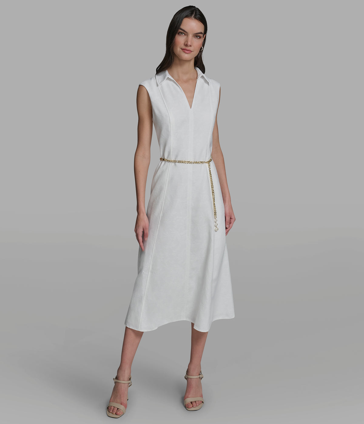 Women's Floral Jacquard Midi Shirt Dress | Soft White | Karl Lagerfeld Paris Women's Floral Jacquard Midi Shirt Dress | Soft White | Karl Lagerfeld Paris