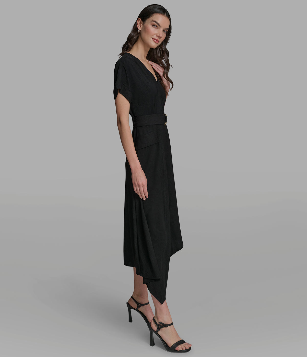 lauriell black wrap front crepe midi dress Women's Midi Hi-Low Utility Dress | Black