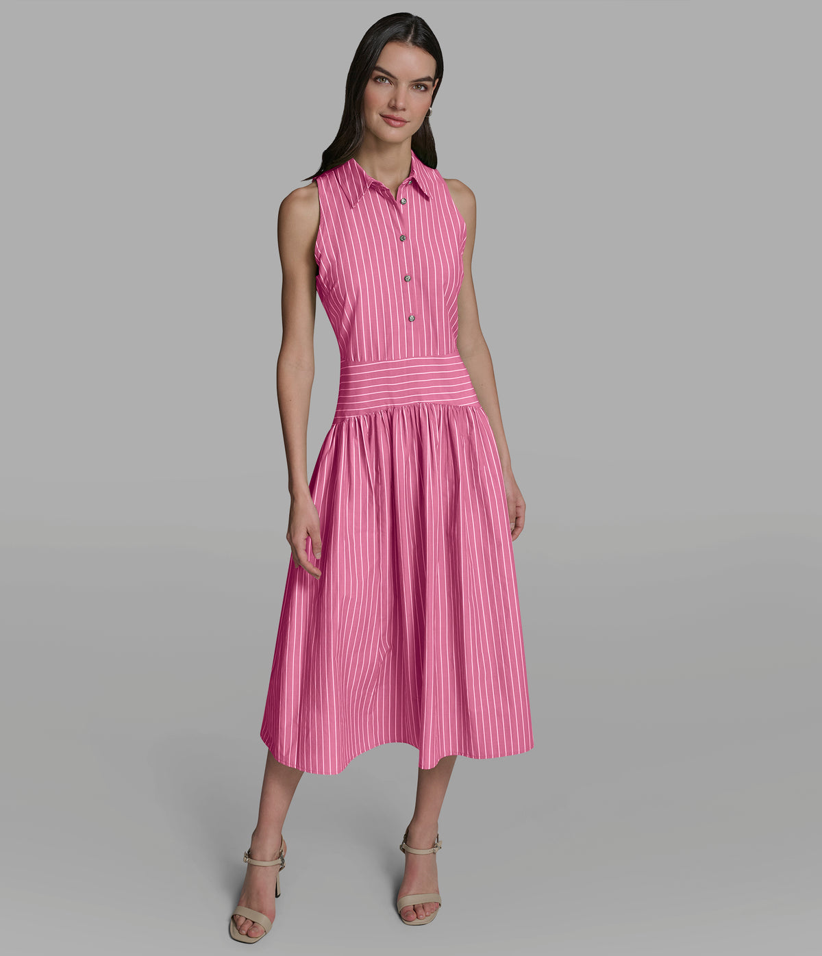 pink striped shirt dress Karl Lagerfeld Women's Stripe Sleeveless Cotton Blend Midi Shirtdress - Pink
