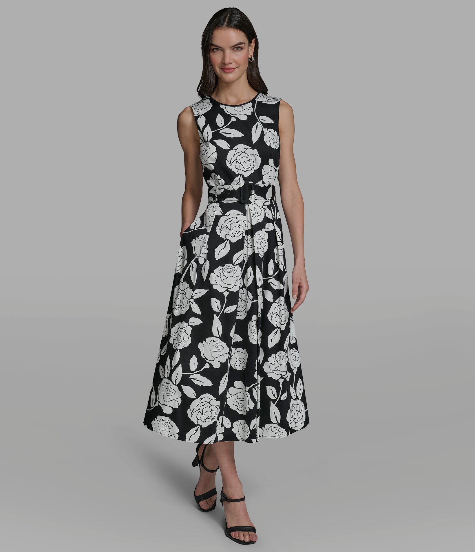 FLORAL SATEEN MIDI DRESS WITH BELT View 1 | Women's Clothing FLORAL SATEEN MIDI DRESS WITH BELT View 1 | Women's Clothing