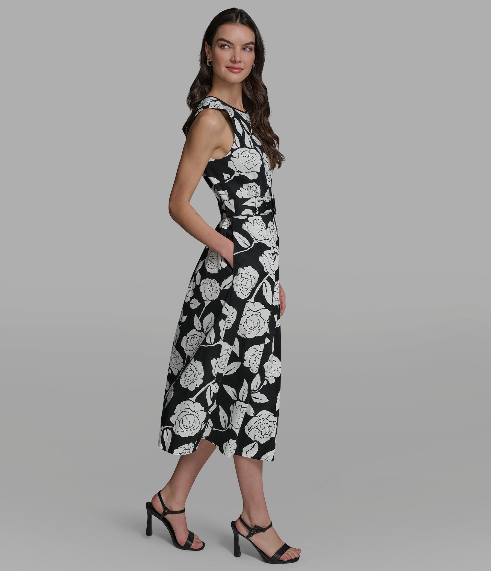 FLORAL SATEEN MIDI DRESS WITH BELT VIEW 3 | Women's Clothing FLORAL SATEEN MIDI DRESS WITH BELT VIEW 3 | Women's Clothing