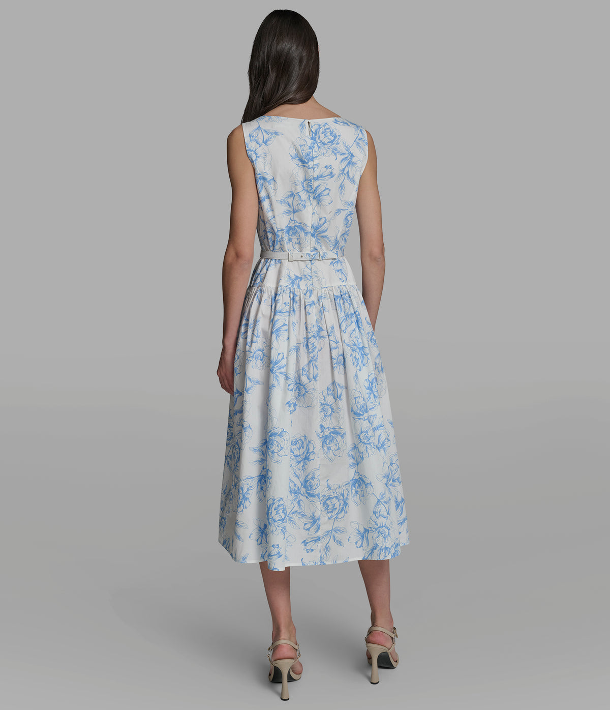 Women's Cotton-Poplin Floral Drop Waist Midi Dress | Soft White/Sky Blue Women's Cotton-Poplin Floral Drop Waist Midi Dress | Soft White/Sky Blue