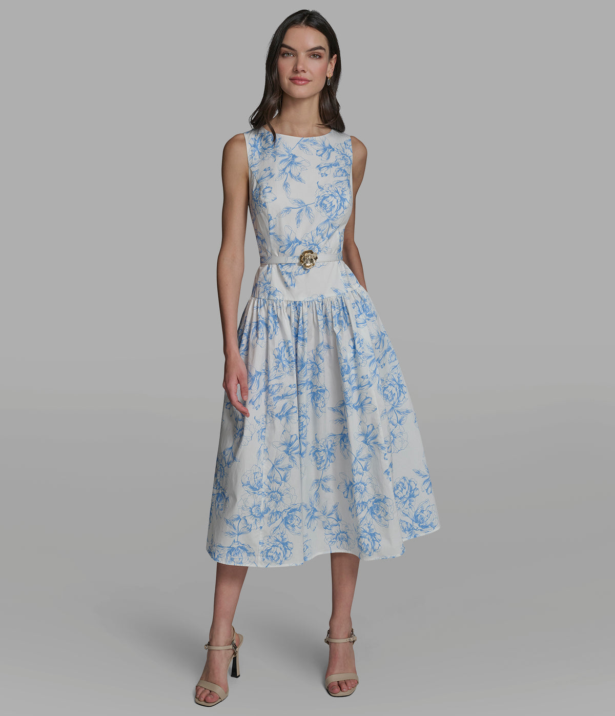 Cotton Poplin Floral Drop Waist Midi Dress | Dresses & Jumpsuits