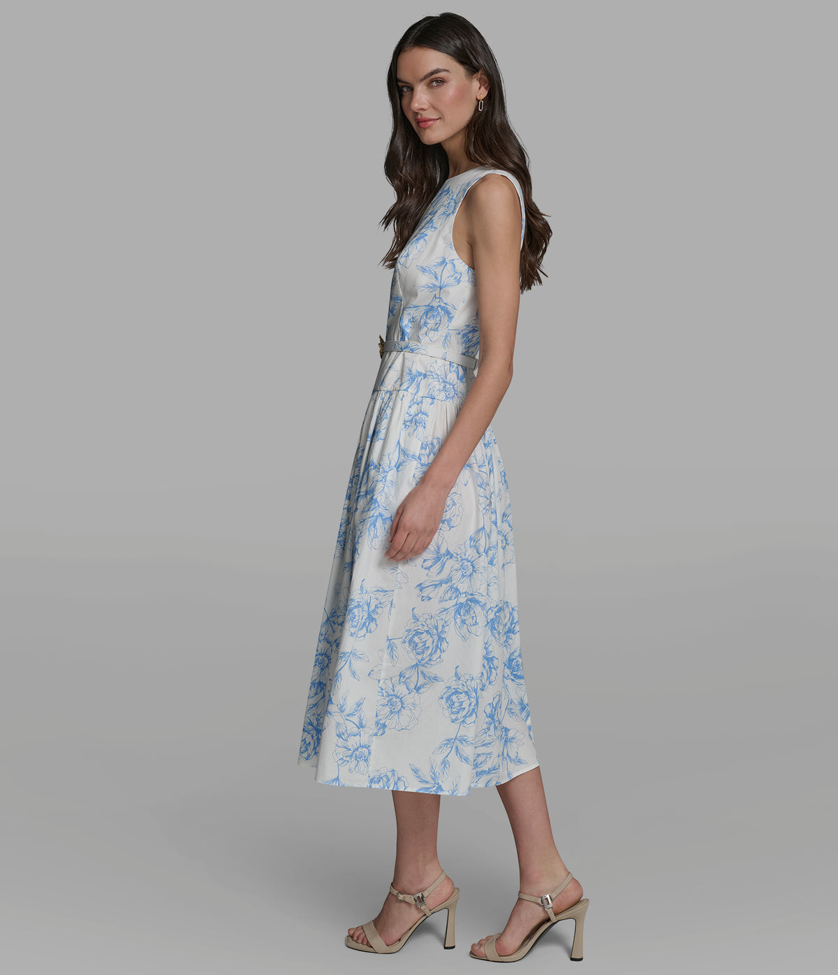 Women's Cotton-Poplin Floral Drop Waist Midi Dress | Soft White/Sky Blue | Karl Lagerfeld Paris Women's Cotton-Poplin Floral Drop Waist Midi Dress | Soft White/Sky Blue | Karl Lagerfeld Paris