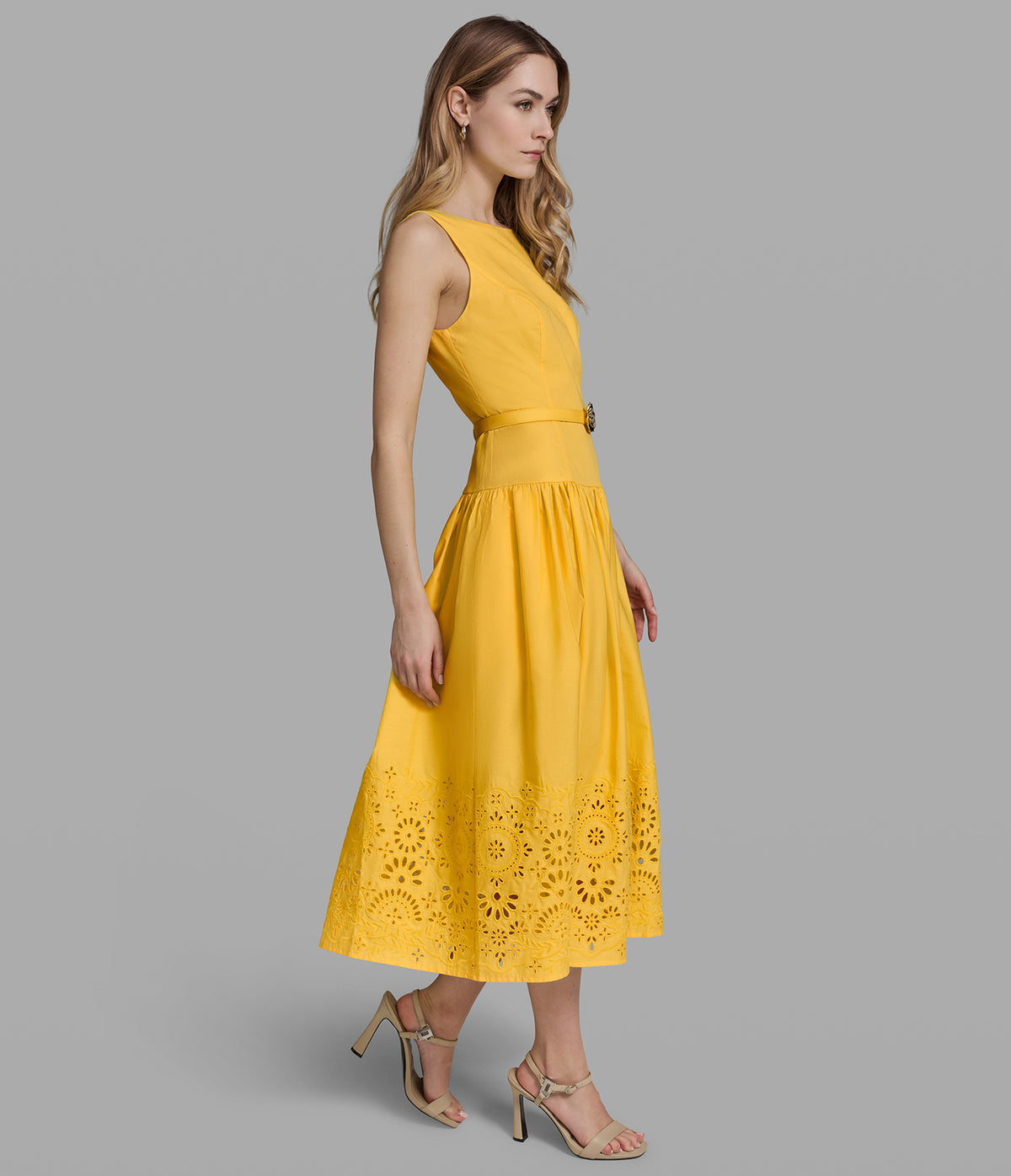 yellow tea length dress Karl Lagerfeld Paris Women's Embroidered Drop Waist Midi Dress - Canary Yellow