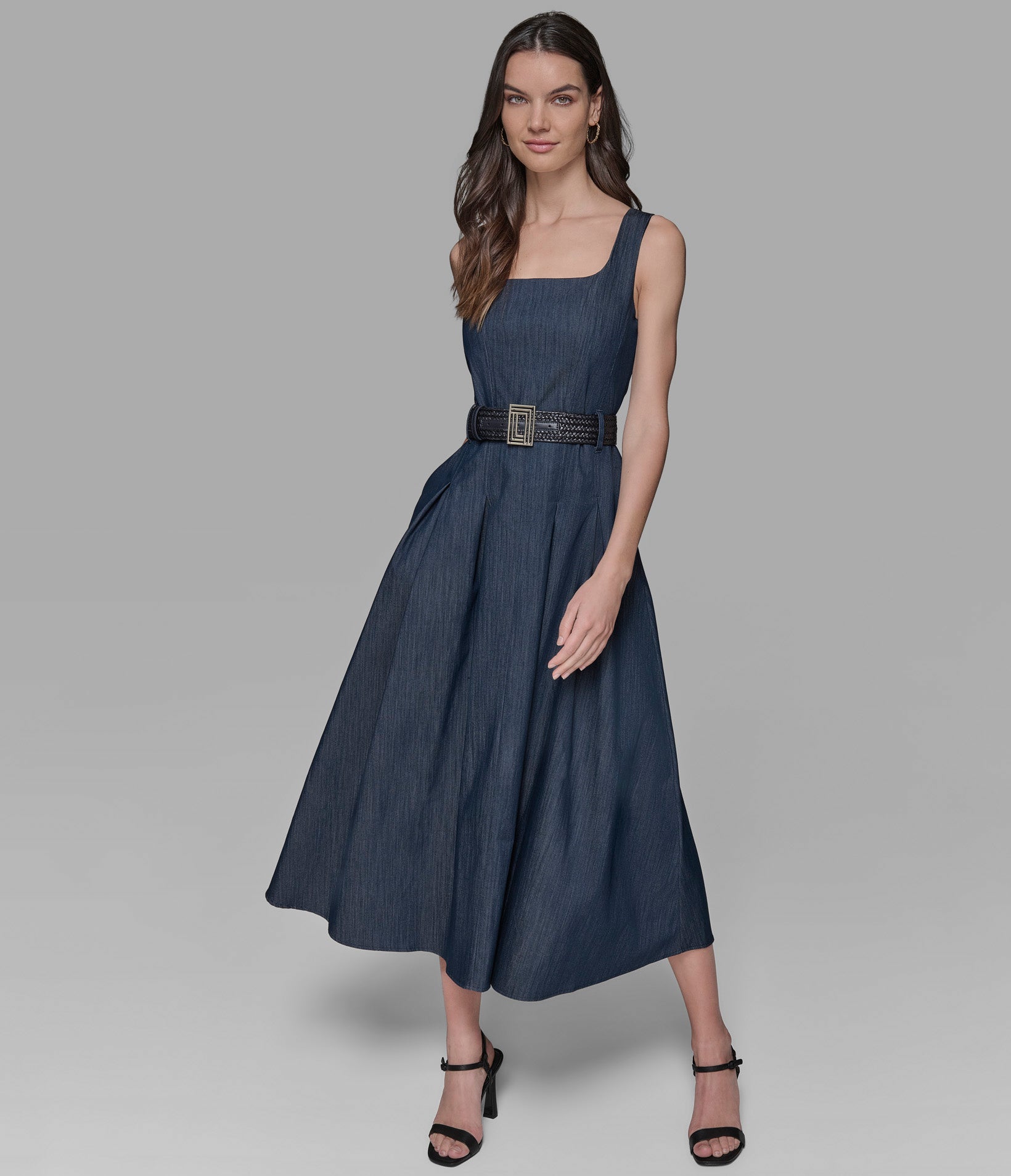 SLEEVELESS RAFFIA BELTED DENIM MIDI DRESS View 1 | New Women's Clothing SLEEVELESS RAFFIA BELTED DENIM MIDI DRESS View 1 | New Women's Clothing