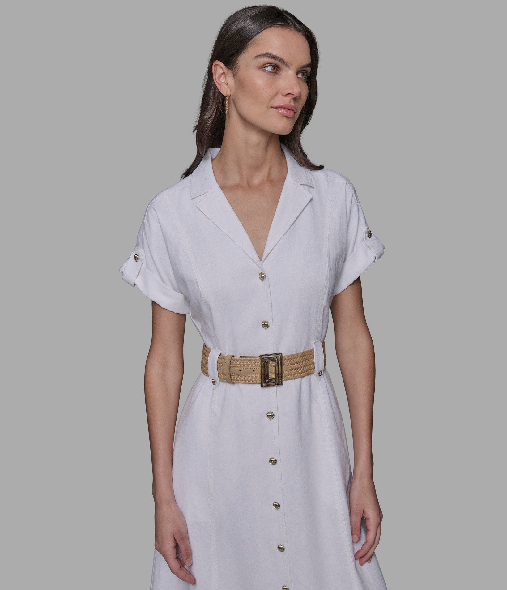 SHORT SLEEVE RAFFIA BELT LINEN SHIRT DRESS VIEW 4 | New Arrivals SHORT SLEEVE RAFFIA BELT LINEN SHIRT DRESS VIEW 4 | New Arrivals