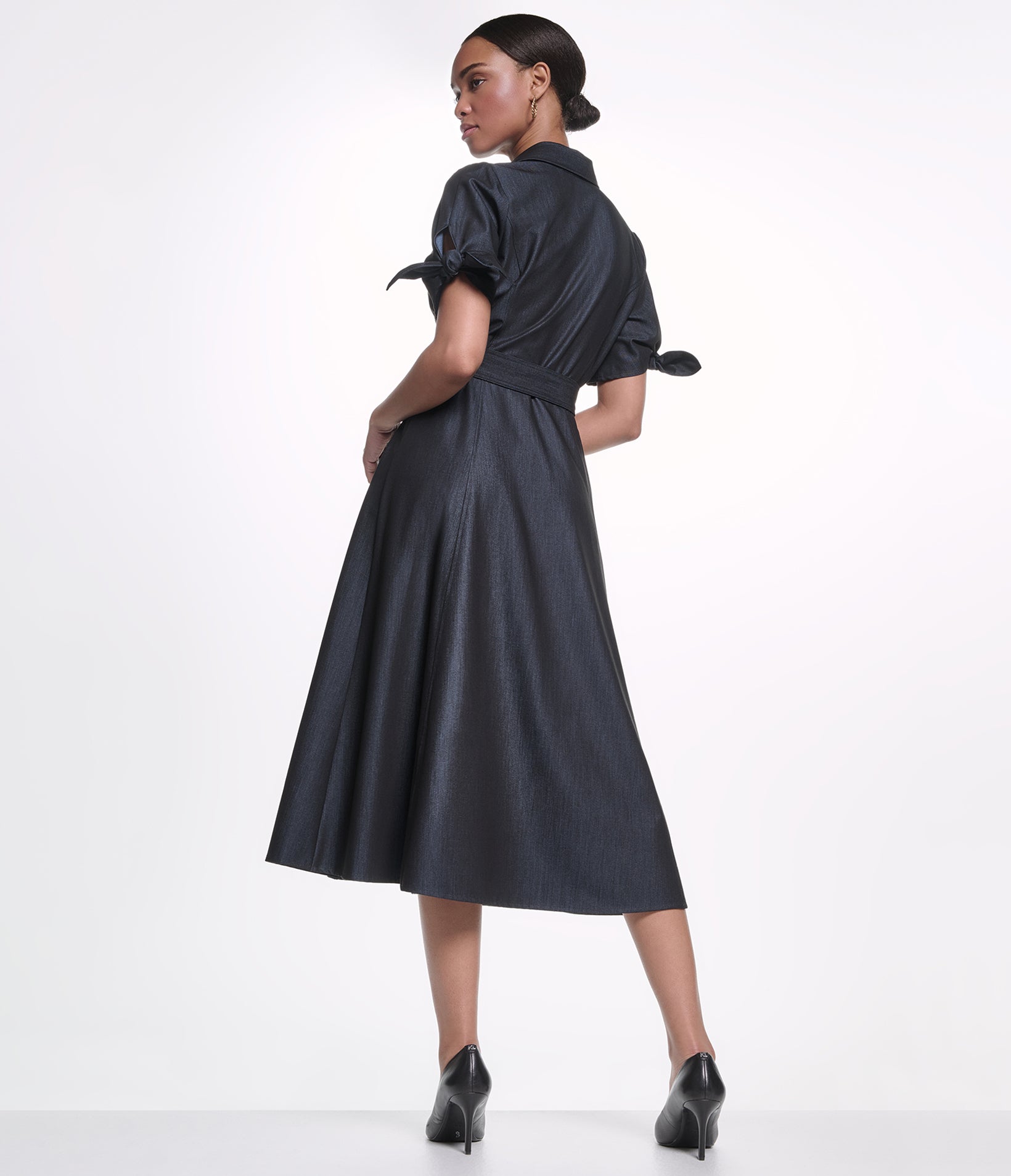 SHORT SLEEVE BELTED A-LINE MIDI DRESS VIEW 2 SHORT SLEEVE BELTED A-LINE MIDI DRESS VIEW 2