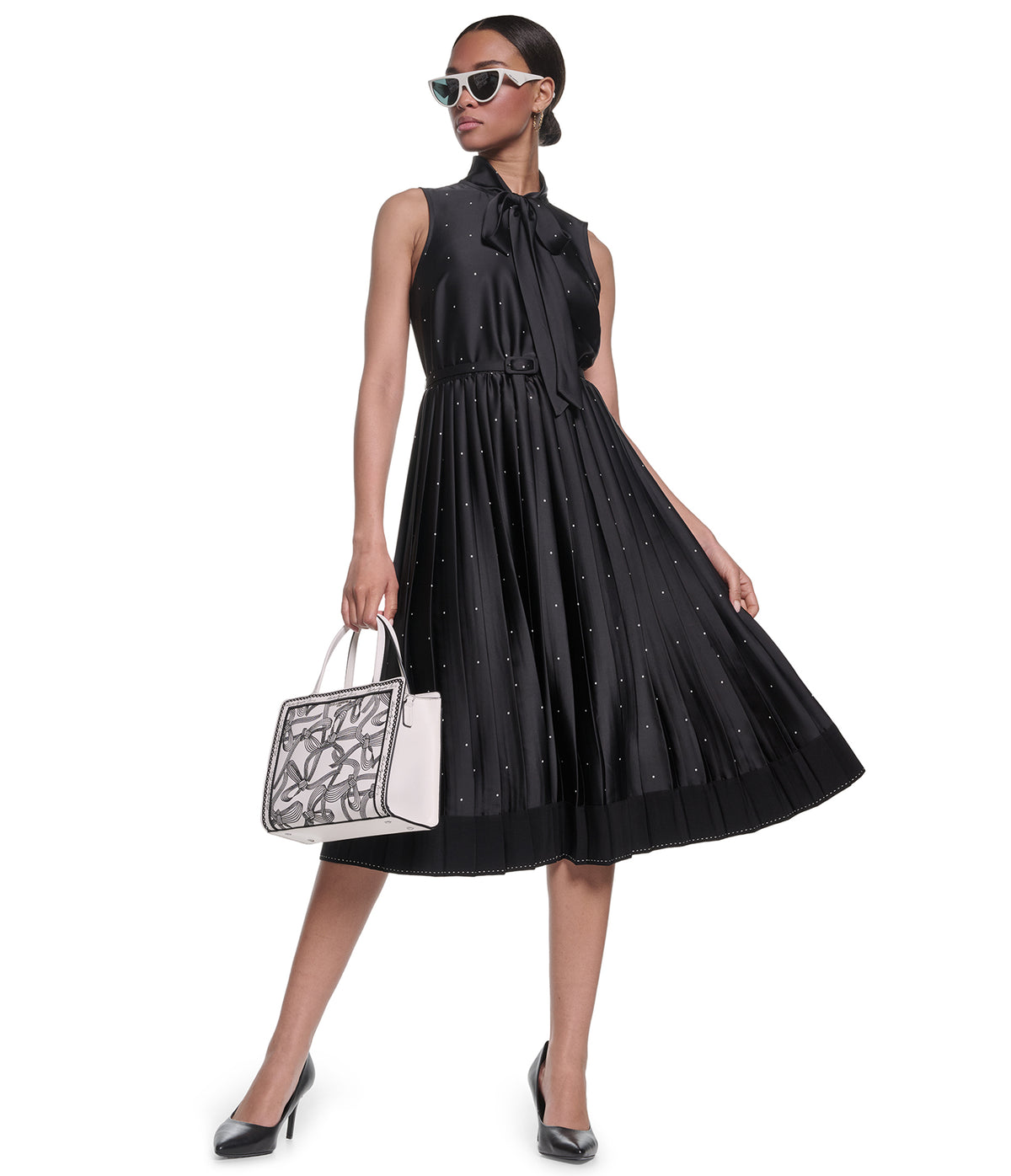 SATIN POLKA DOT BOW MIDI DRESS View 1 | Holiday Sale SATIN POLKA DOT BOW MIDI DRESS View 1 | Holiday Sale