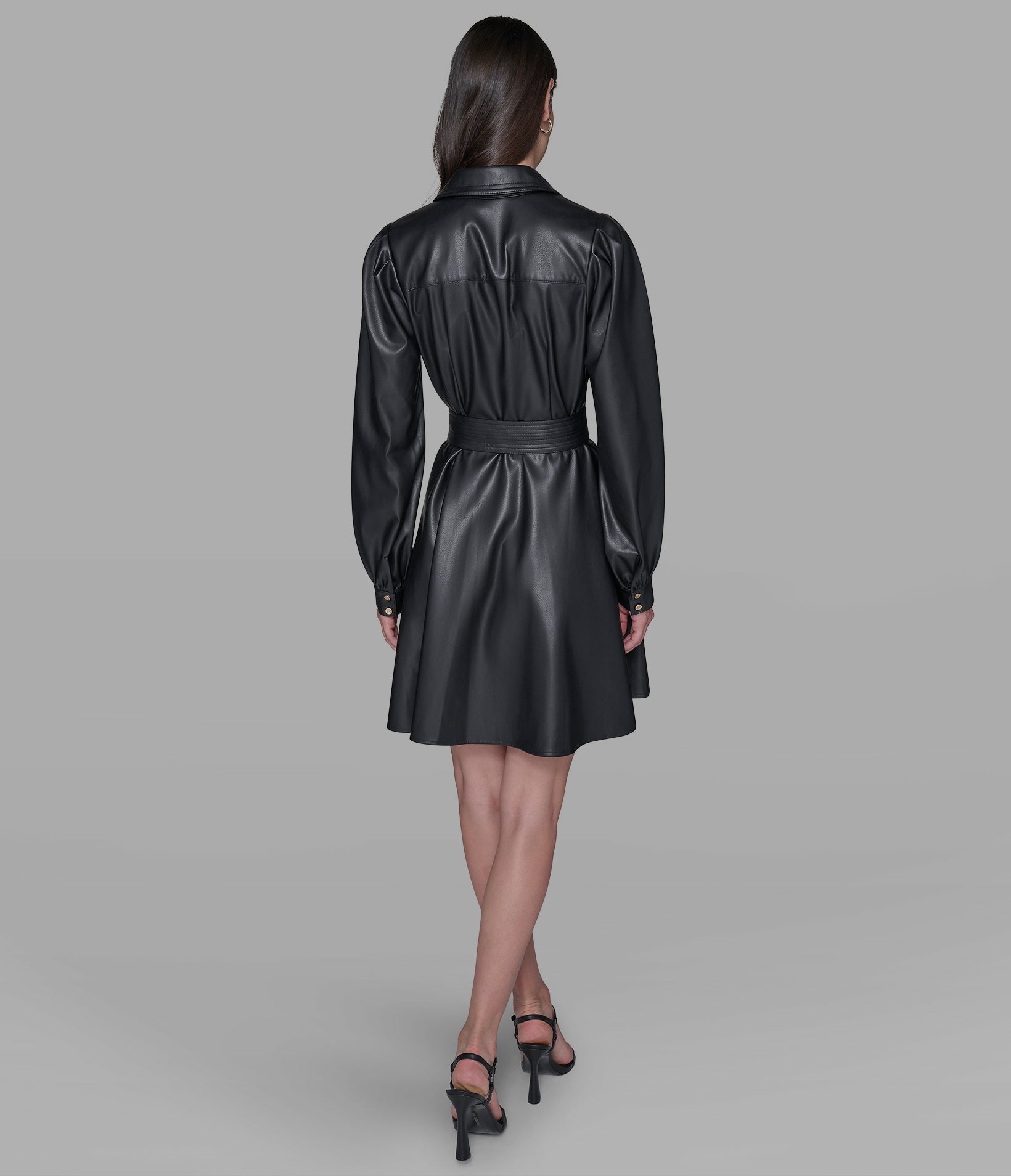 BELTED FAUX-LEATHER SHIRT DRESS VIEW 2 BELTED FAUX-LEATHER SHIRT DRESS VIEW 2
