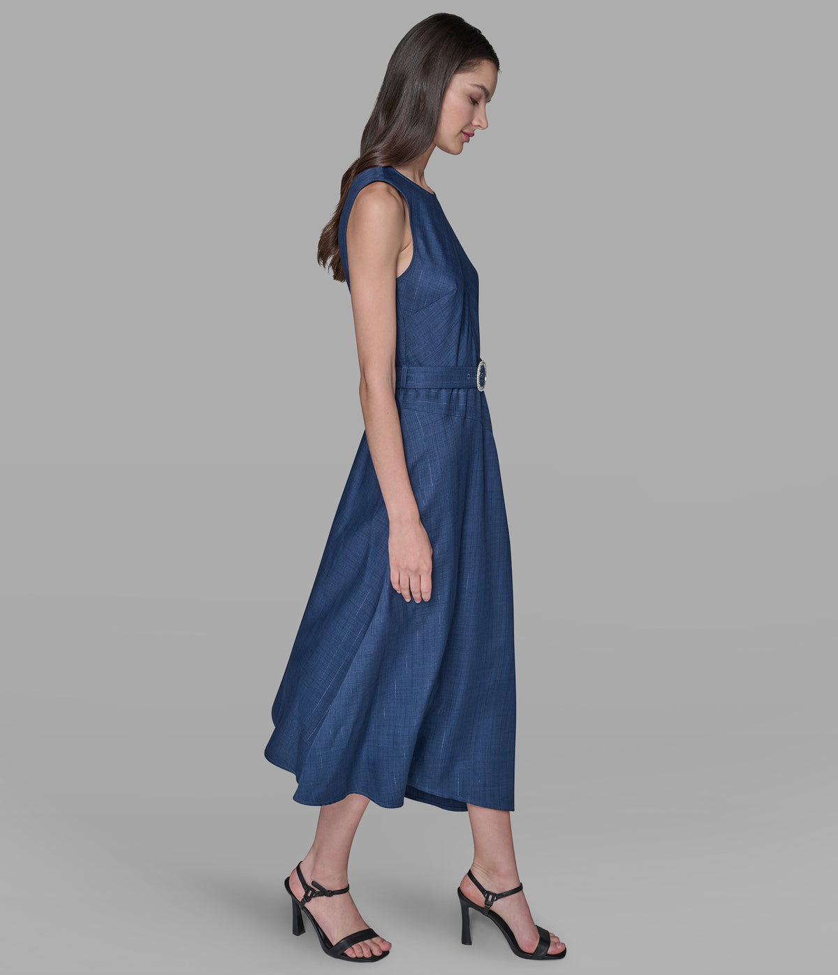 BELTED PINSTRIPE DENIM MIDI DRESS