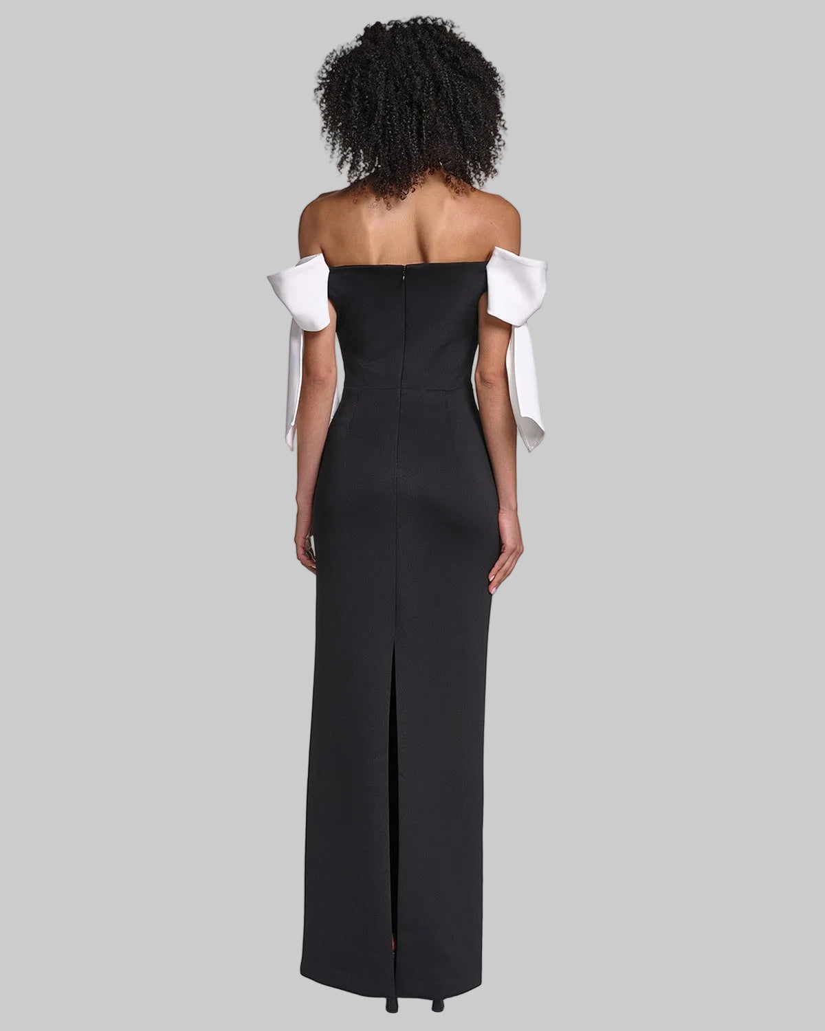 CREPE COLUMN GOWN WITH BOW DETAILS AT SHOULDERS VIEW 2 CREPE COLUMN GOWN WITH BOW DETAILS AT SHOULDERS VIEW 2