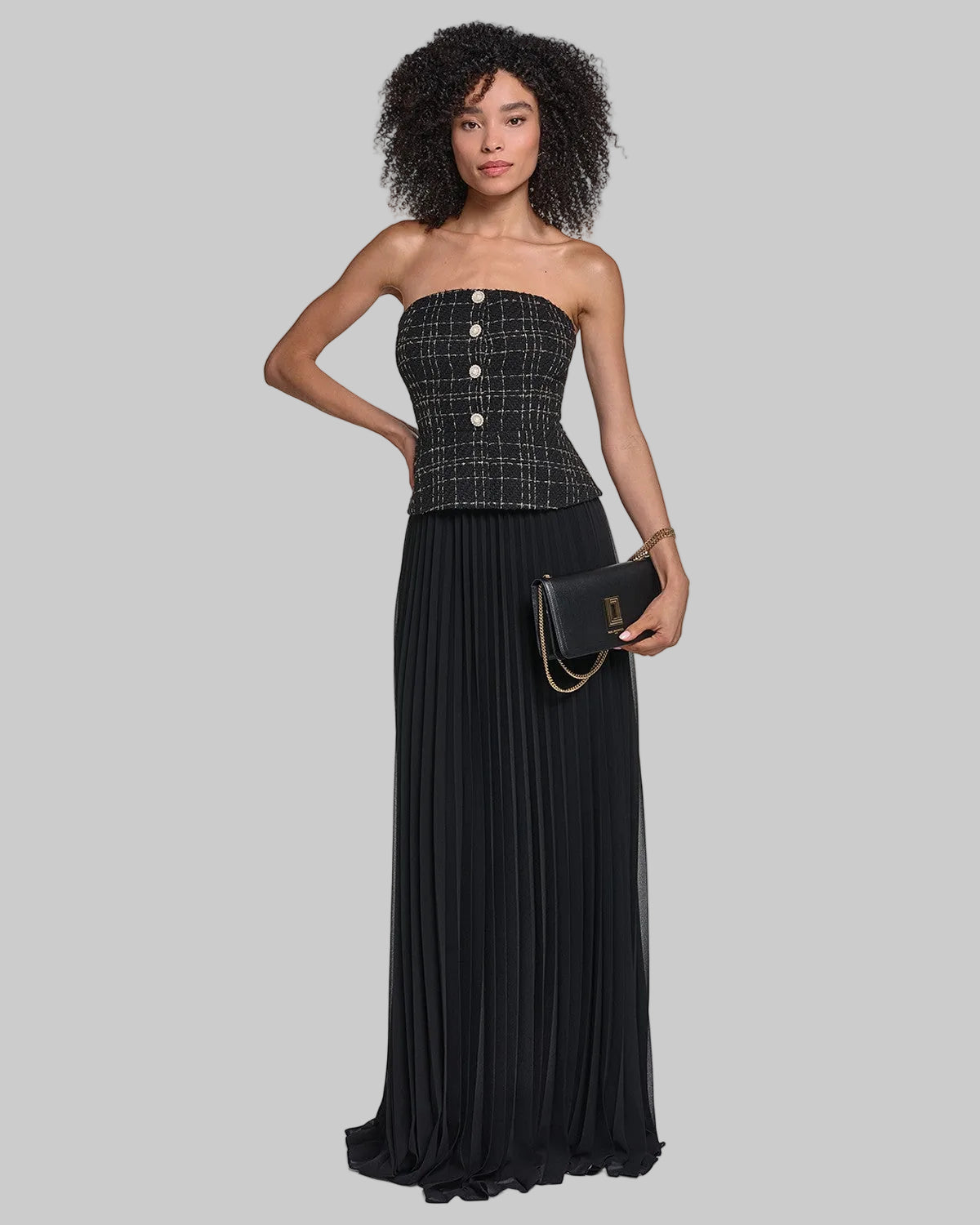 STRAPLESS TWEED GOWN WITH SUNBURST PLEATED CHIFFON VIEW 4 | Online Exclusive STRAPLESS TWEED GOWN WITH SUNBURST PLEATED CHIFFON VIEW 4 | Online Exclusive