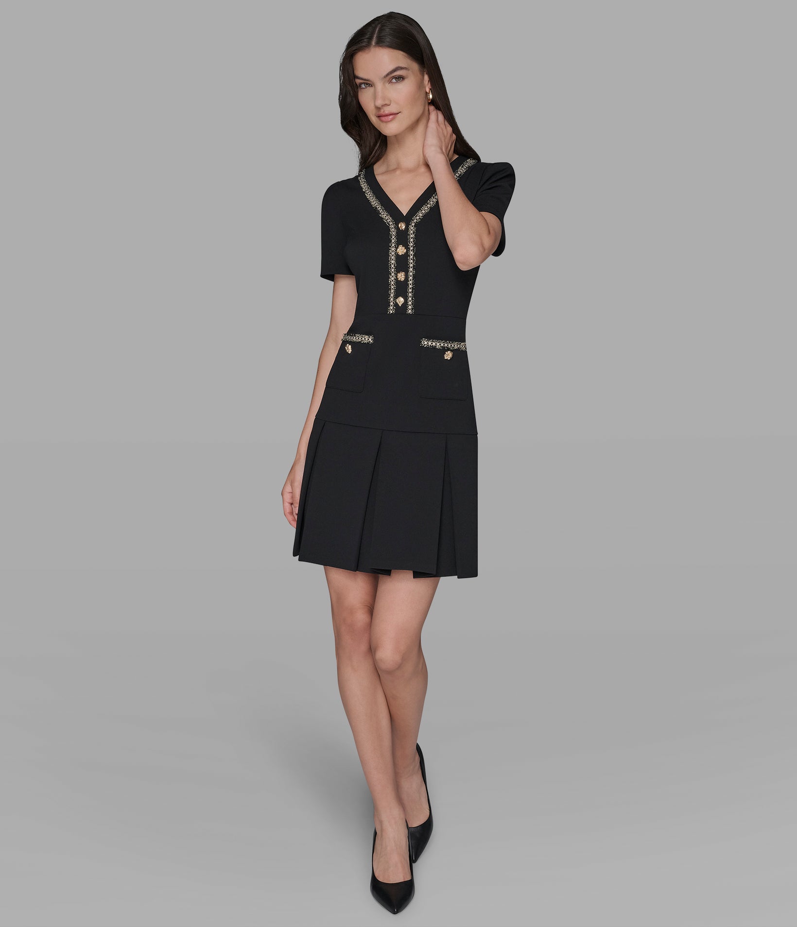 TWEED-TRIMMED PLEATED DRESS View 1 | Women's Clothing TWEED-TRIMMED PLEATED DRESS View 1 | Women's Clothing