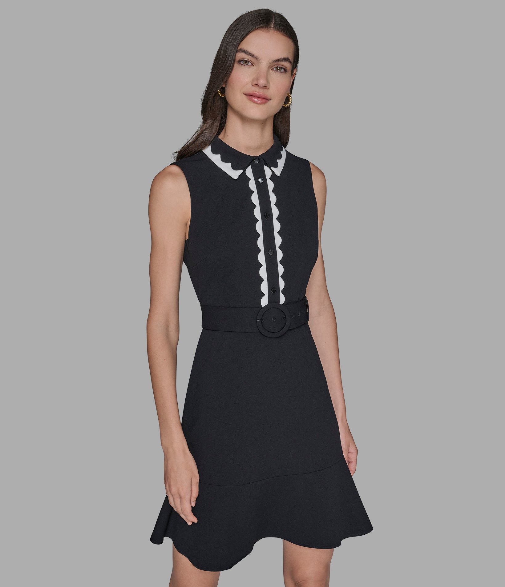 SCUBA CREPE A-LINE DRESS WITH SCALLOP TRIM View 1 | Women's Clothing SCUBA CREPE A-LINE DRESS WITH SCALLOP TRIM View 1 | Women's Clothing