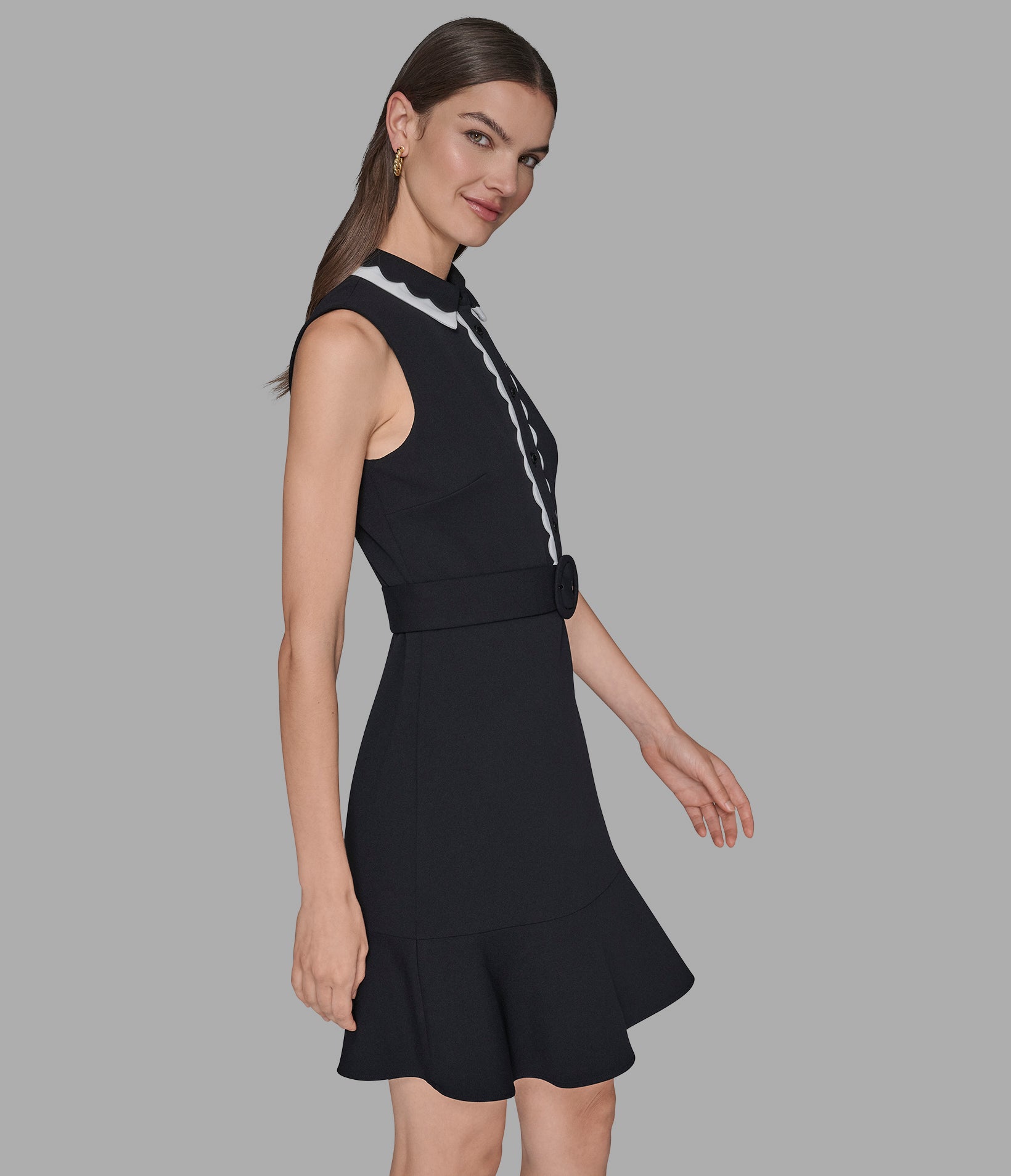 SCUBA CREPE A-LINE DRESS WITH SCALLOP TRIM VIEW 3 | Women's Clothing SCUBA CREPE A-LINE DRESS WITH SCALLOP TRIM VIEW 3 | Women's Clothing