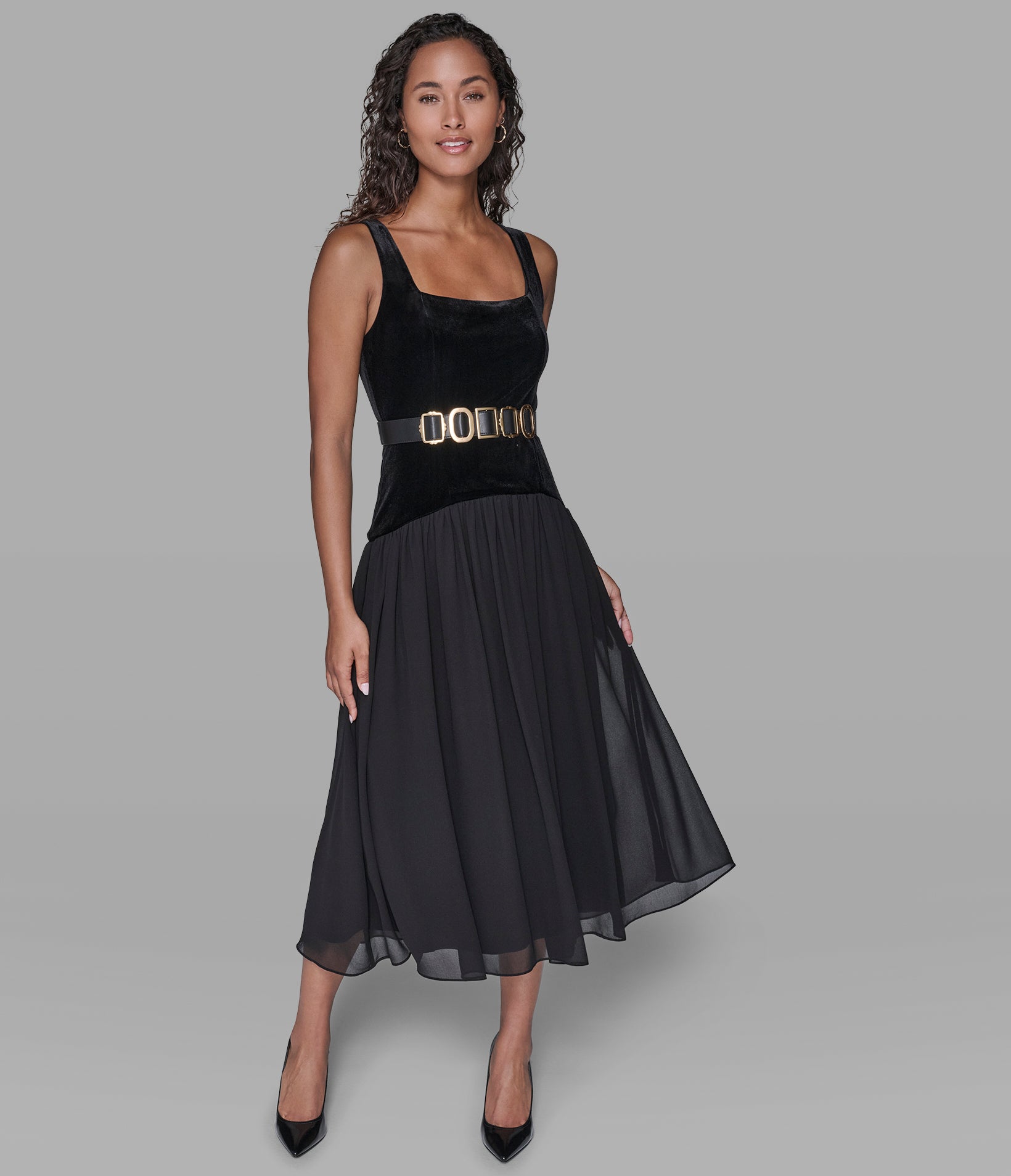 VELVET AND CHIFFON BELTED MIDI DRESS View 1 | Women's Clothing VELVET AND CHIFFON BELTED MIDI DRESS View 1 | Women's Clothing