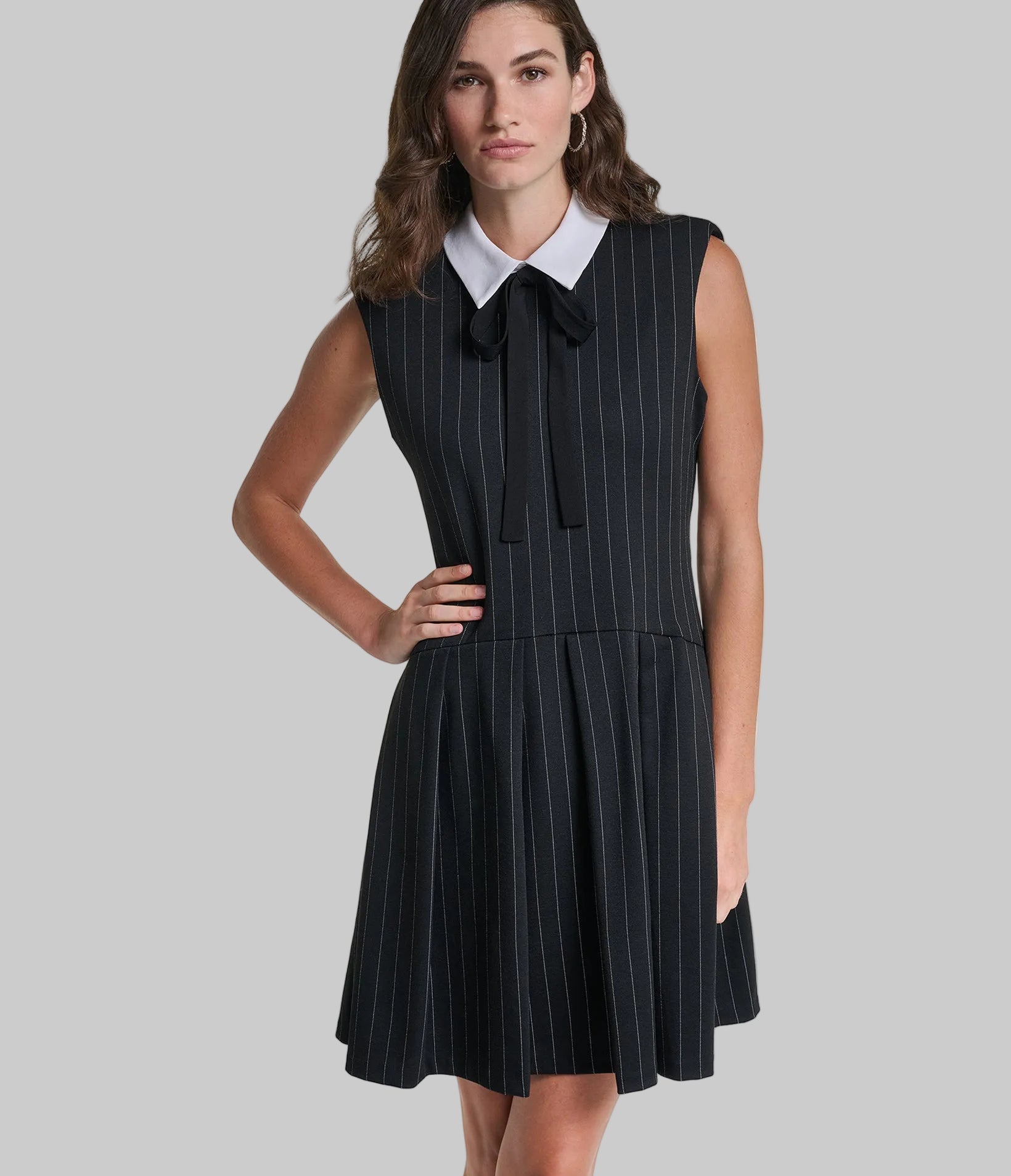 PINSTRIPE DRESS WITH CONTRAST COLLAR VIEW 1 PINSTRIPE DRESS WITH CONTRAST COLLAR VIEW 1
