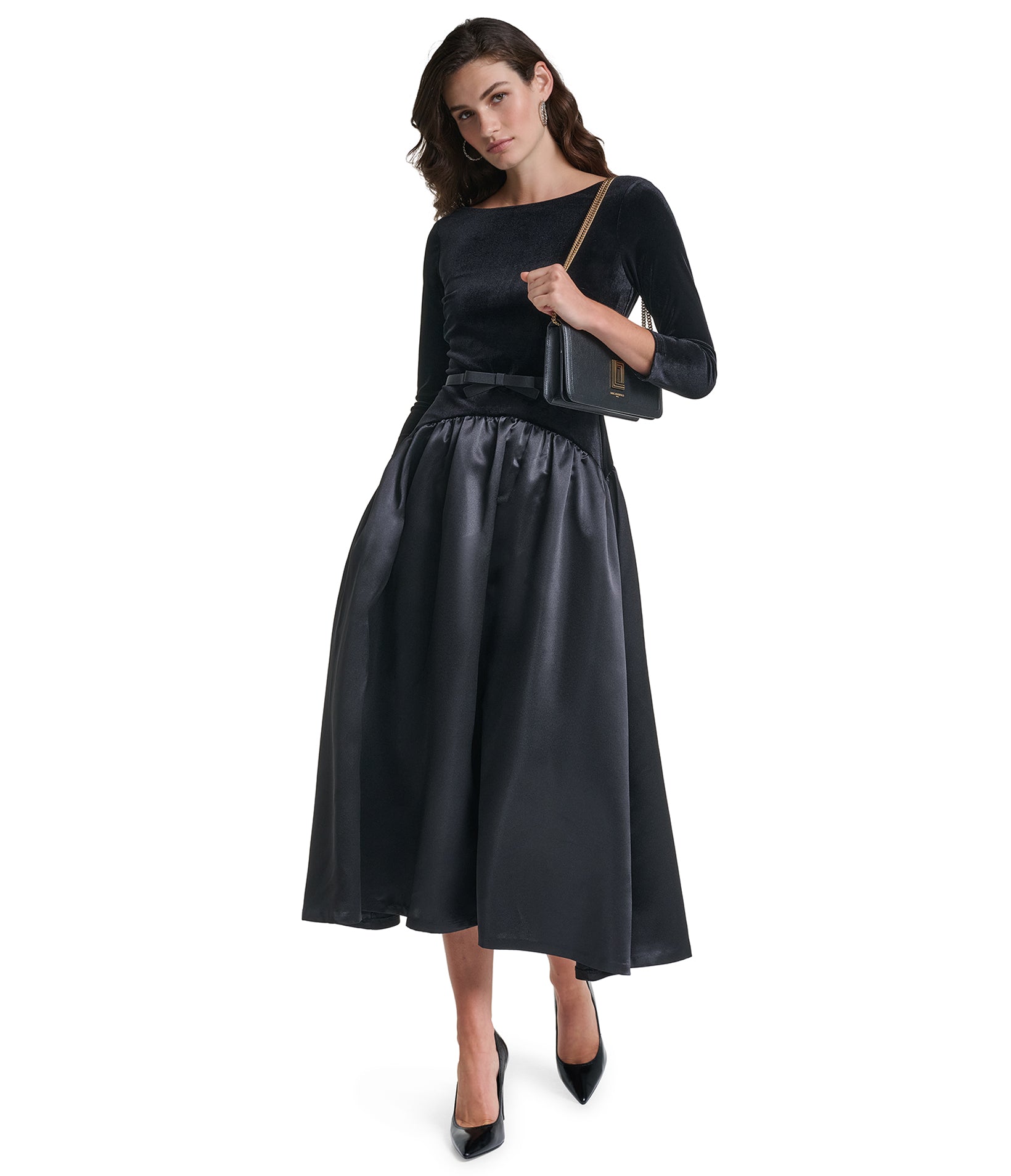 DROPWAIST SATIN STRETCH VELVET MIDI DRESS VIEW 4 DROPWAIST SATIN STRETCH VELVET MIDI DRESS VIEW 4