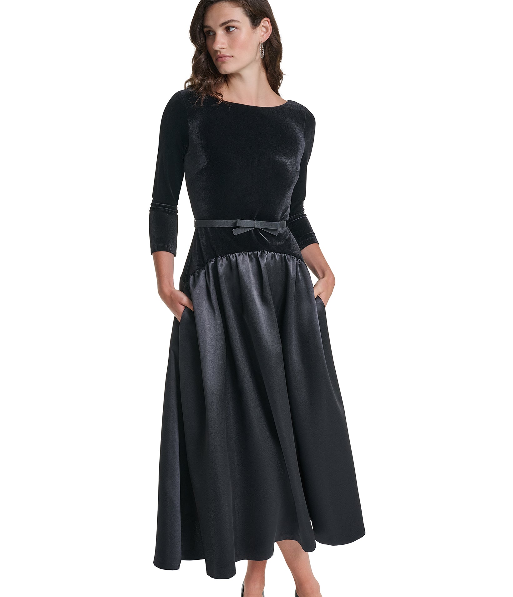 DROPWAIST SATIN STRETCH VELVET MIDI DRESS VIEW 5 DROPWAIST SATIN STRETCH VELVET MIDI DRESS VIEW 5