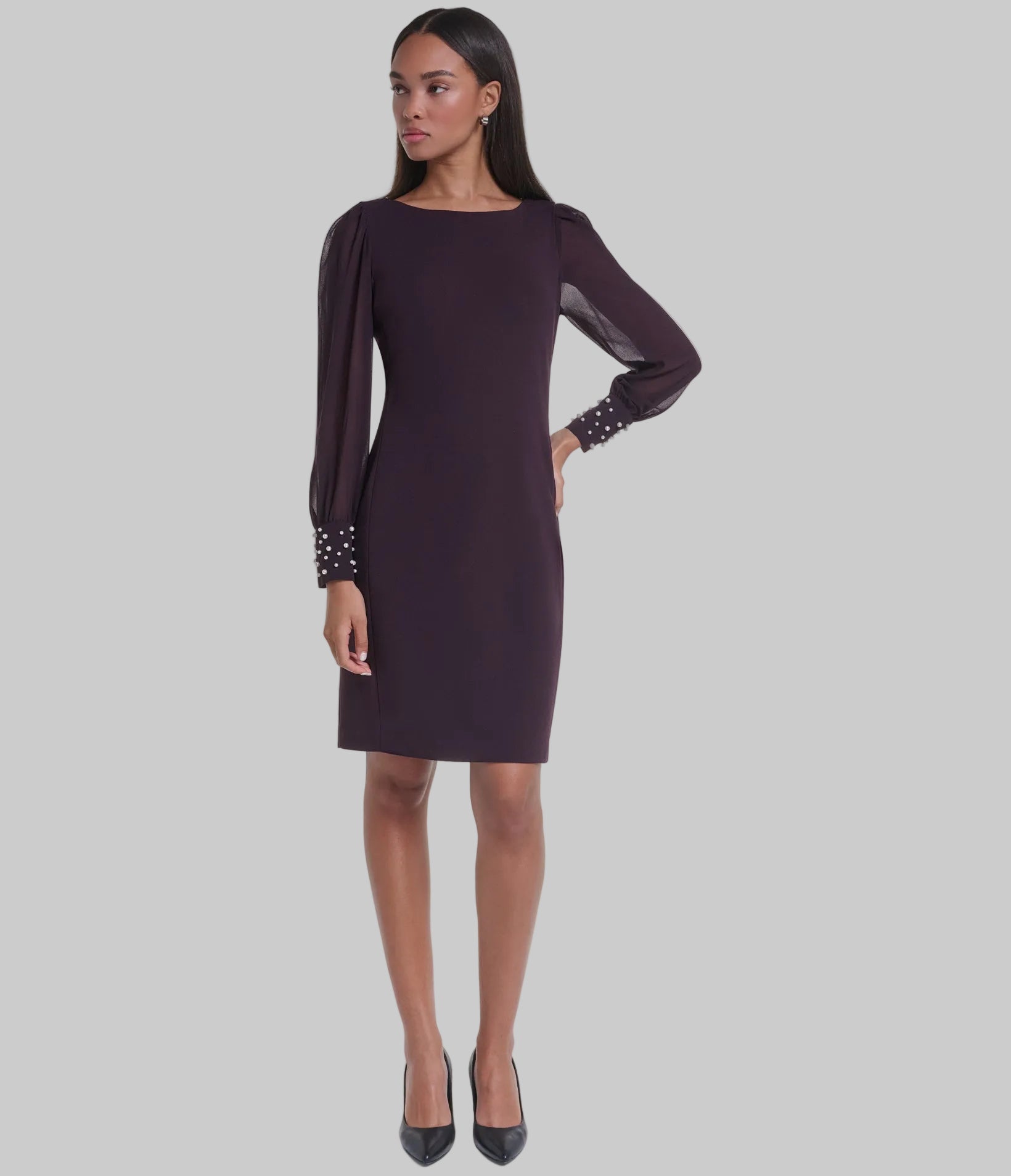 LONG SHEER SLEEVE SHEATH WITH PEARL CUFF VIEW 5 LONG SHEER SLEEVE SHEATH WITH PEARL CUFF VIEW 5