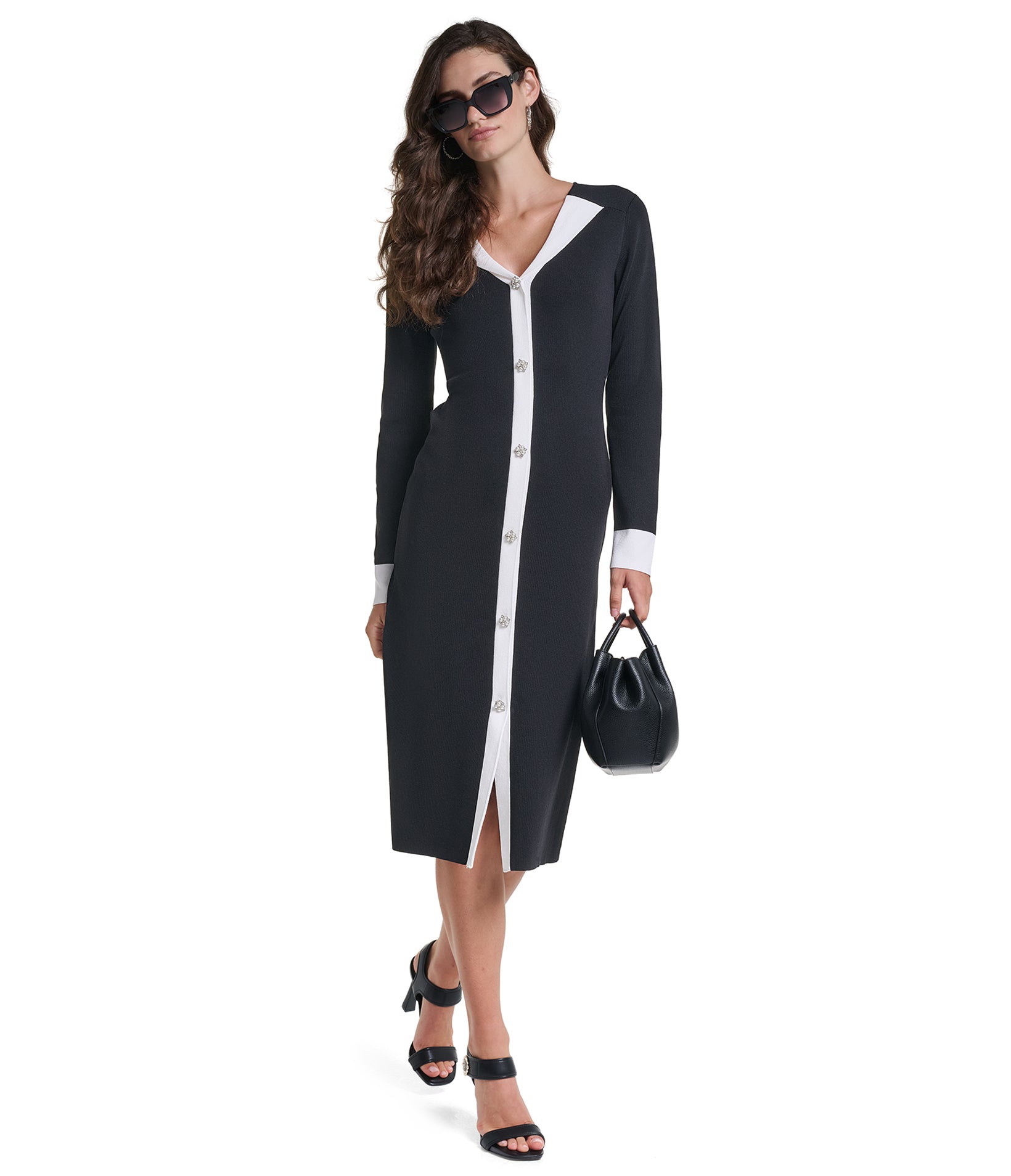 PEARL BUTTON MIDI SWEATER DRESS VIEW 1 PEARL BUTTON MIDI SWEATER DRESS VIEW 1