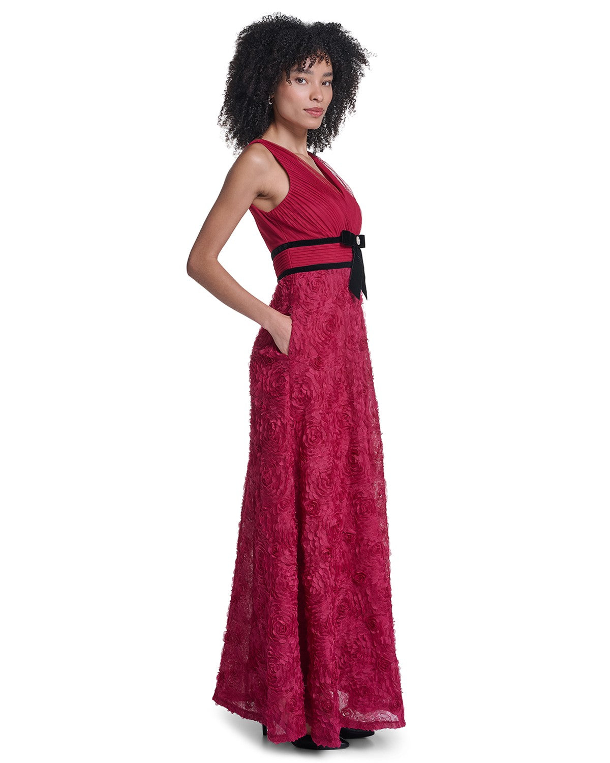 V-NECK TEXTURED ROSETTE BALLGOWN WITH VELVET TRIM VIEW 3 V-NECK TEXTURED ROSETTE BALLGOWN WITH VELVET TRIM VIEW 3