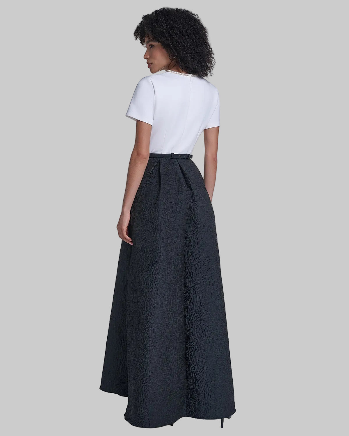 SHORT SLEEVE CREPE GOWN WITH CLOQUE SKIRT View 2 | Online Exclusive SHORT SLEEVE CREPE GOWN WITH CLOQUE SKIRT View 2 | Online Exclusive