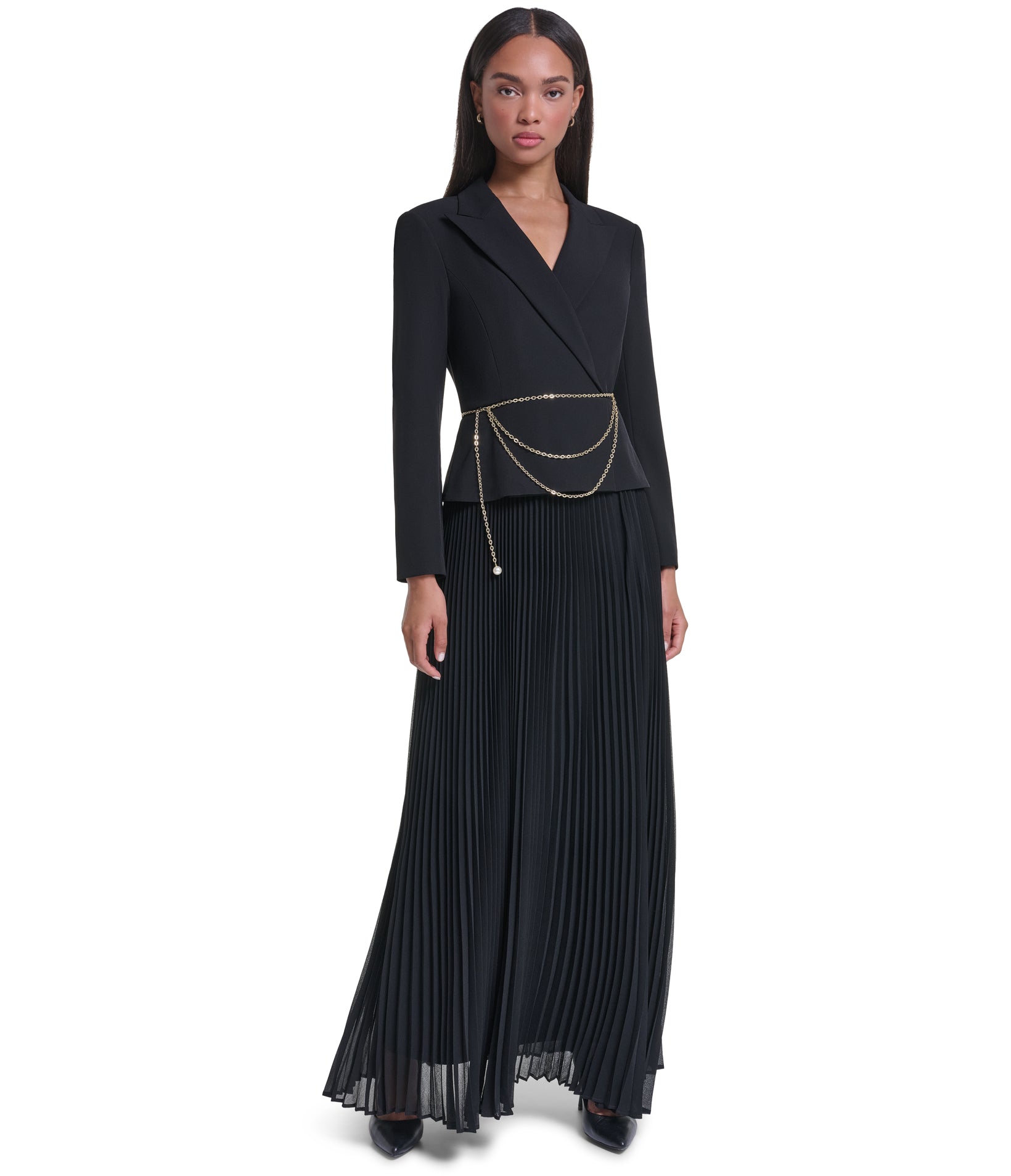 CREPE JACKET GOWN WITH SUNBURST PLEATED CHIFFON SKIRT VIEW 5 CREPE JACKET GOWN WITH SUNBURST PLEATED CHIFFON SKIRT VIEW 5