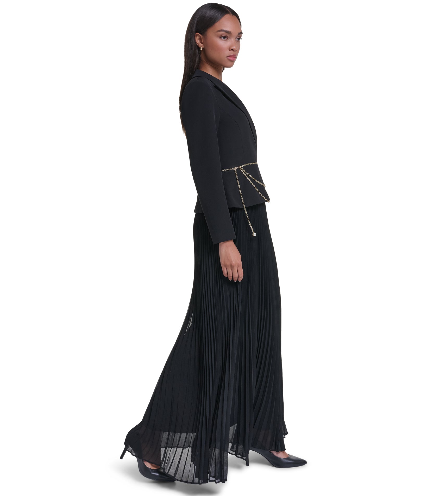 CREPE JACKET GOWN WITH SUNBURST PLEATED CHIFFON SKIRT VIEW 4 CREPE JACKET GOWN WITH SUNBURST PLEATED CHIFFON SKIRT VIEW 4