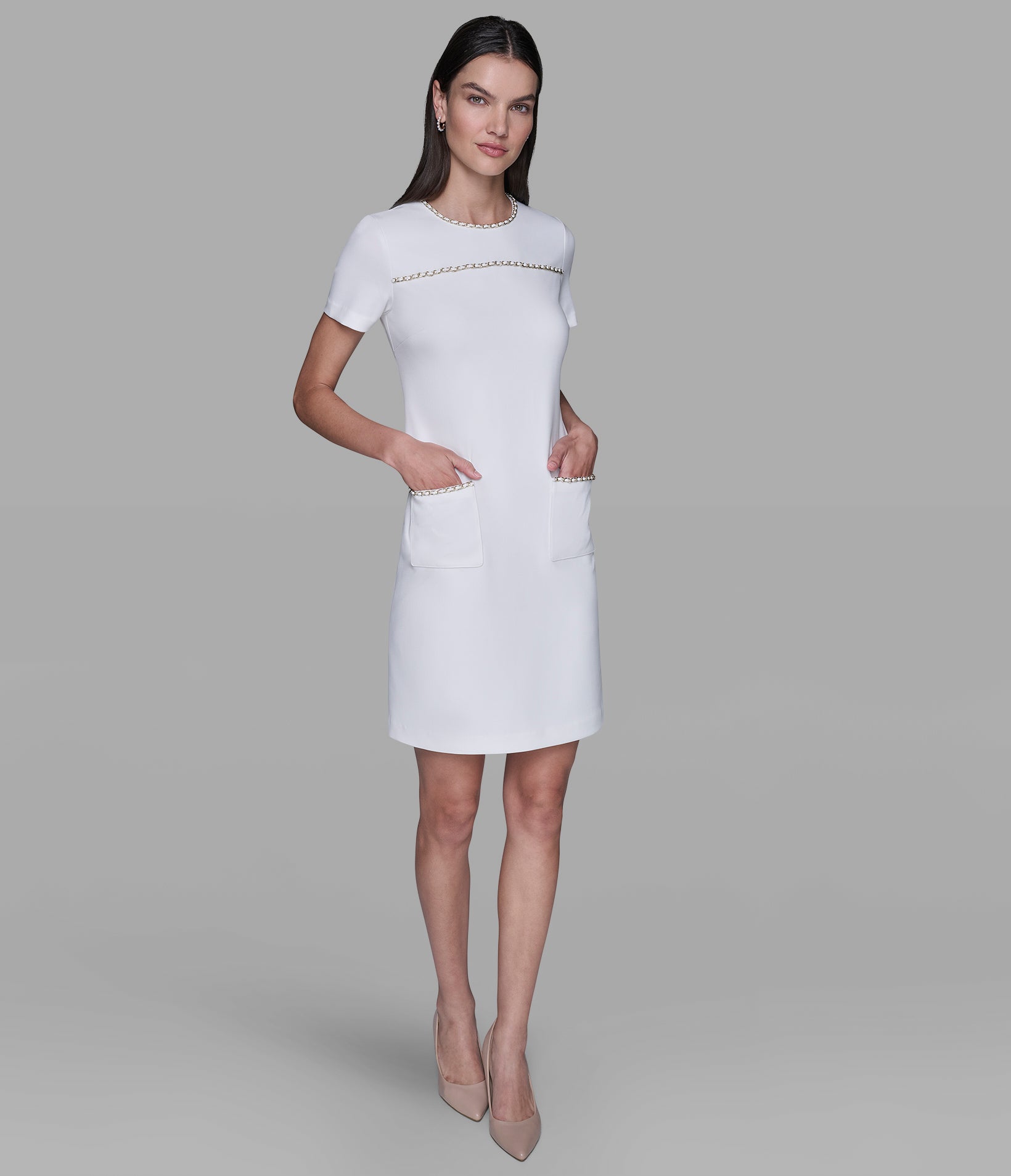 SCUBA CREPE SHIFT DRESS WITH CHAIN TRIMS View 1 | Women's Clothing SCUBA CREPE SHIFT DRESS WITH CHAIN TRIMS View 1 | Women's Clothing