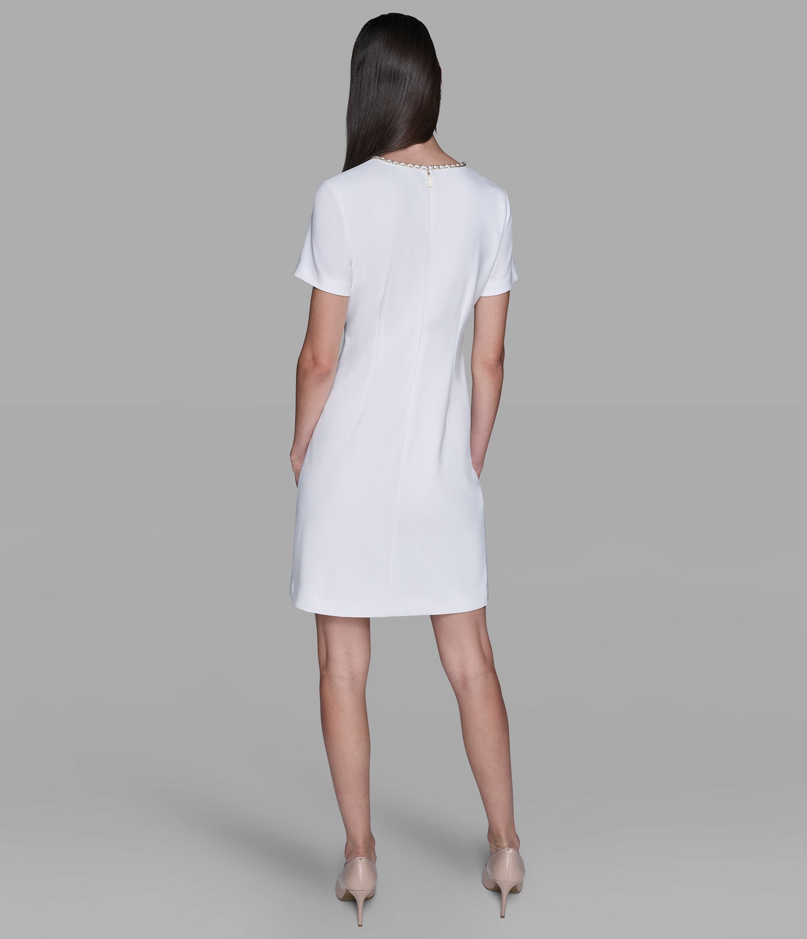 SCUBA CREPE SHIFT DRESS WITH CHAIN TRIMS View 2 | Women's Clothing SCUBA CREPE SHIFT DRESS WITH CHAIN TRIMS View 2 | Women's Clothing