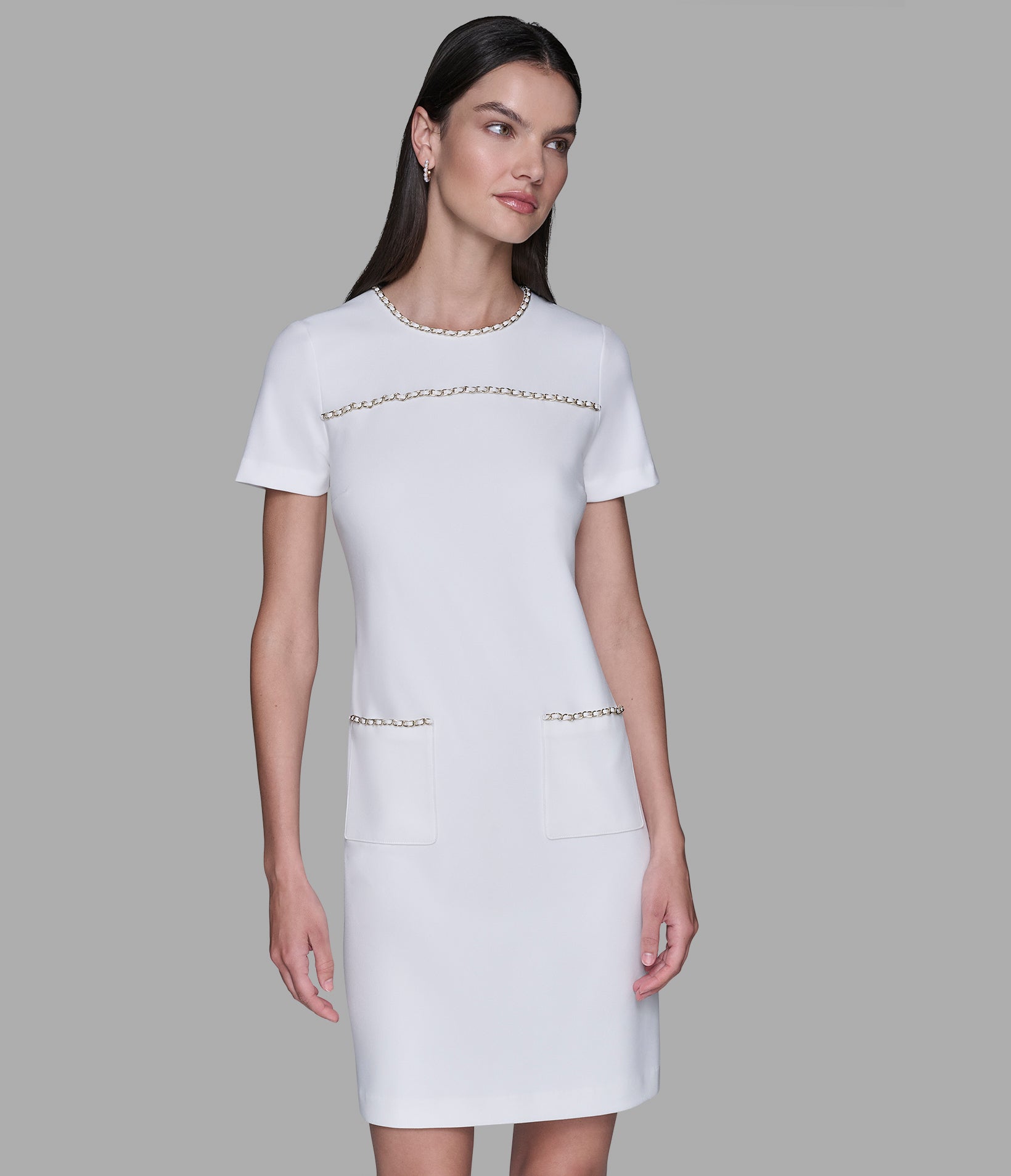 SCUBA CREPE SHIFT DRESS WITH CHAIN TRIMS VIEW 4 SCUBA CREPE SHIFT DRESS WITH CHAIN TRIMS VIEW 4