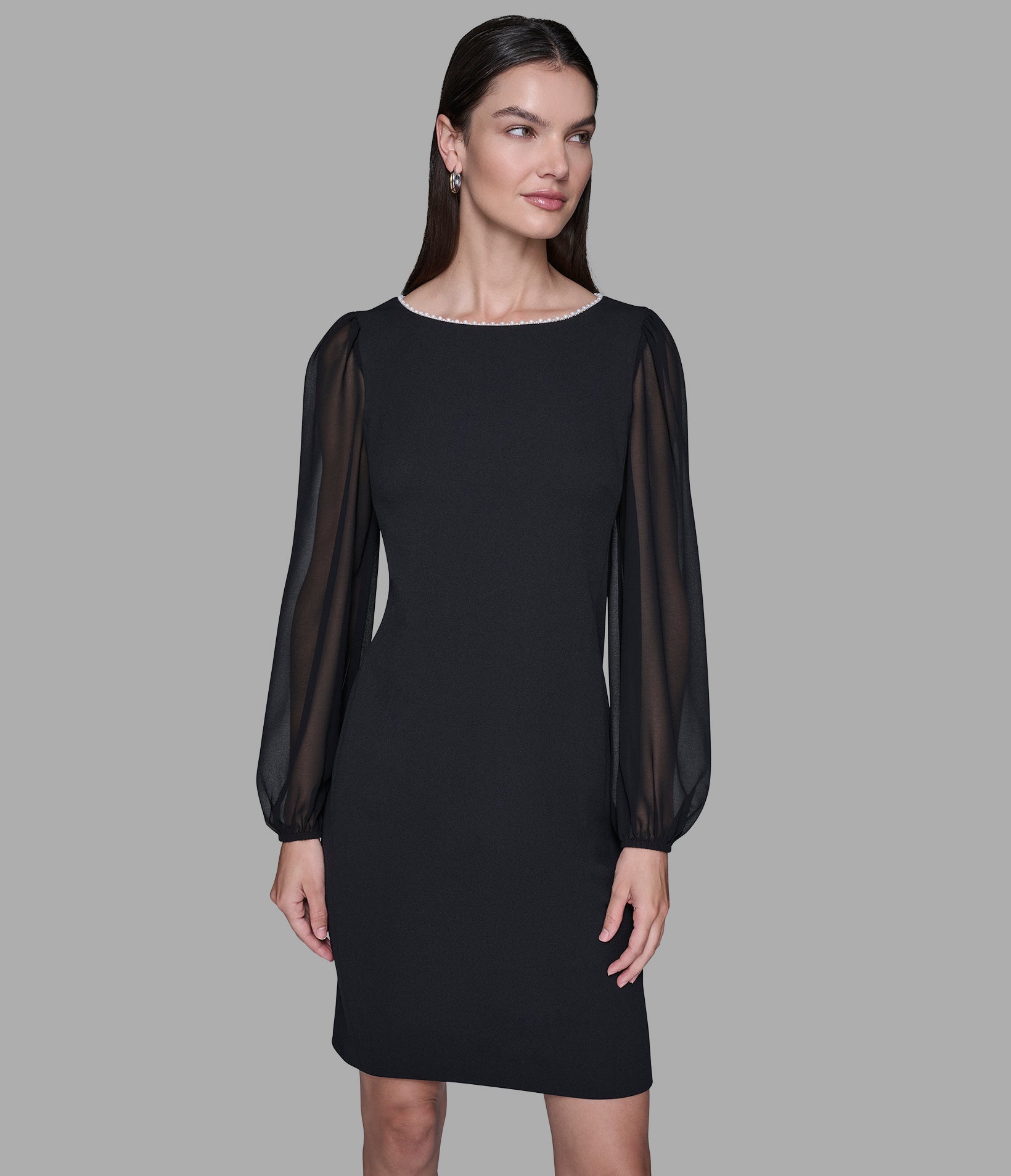 SCUBA CREPE DRESS WITH CHIFFON SLEEVE View 1 | Women's Clothing SCUBA CREPE DRESS WITH CHIFFON SLEEVE View 1 | Women's Clothing