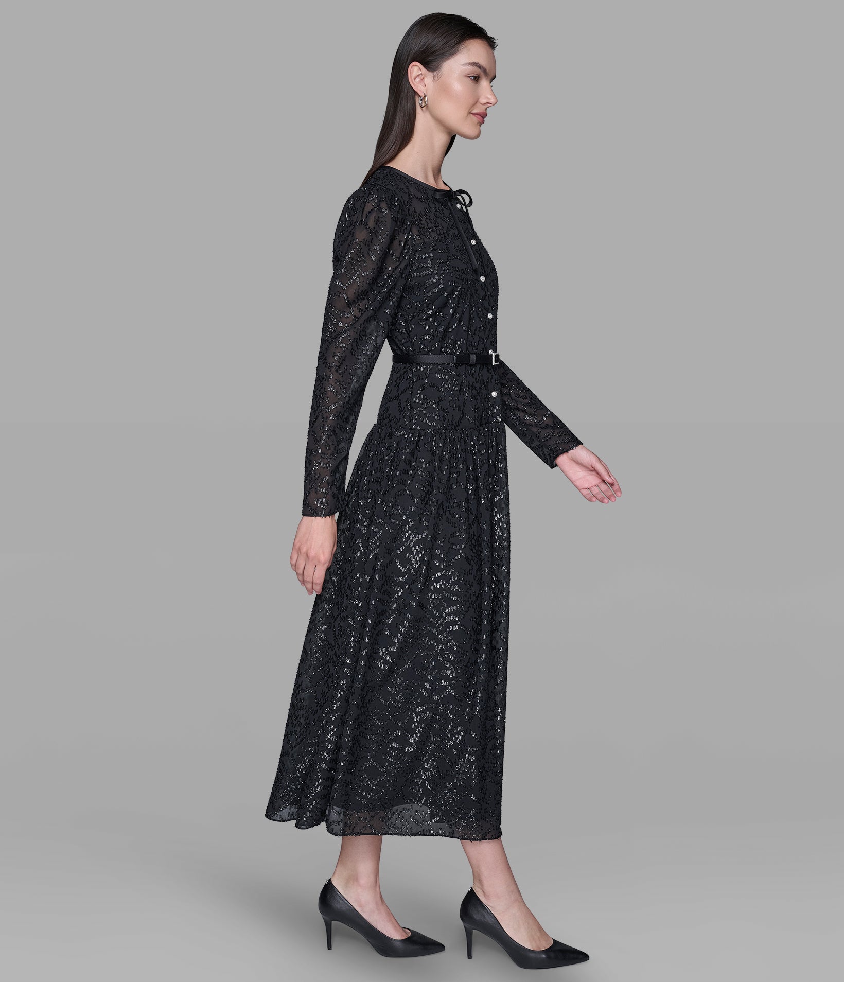 LUREX CHIFFON MIDI DRESS WITH RHINESTONE BELT VIEW 3 | Women's Clothing LUREX CHIFFON MIDI DRESS WITH RHINESTONE BELT VIEW 3 | Women's Clothing