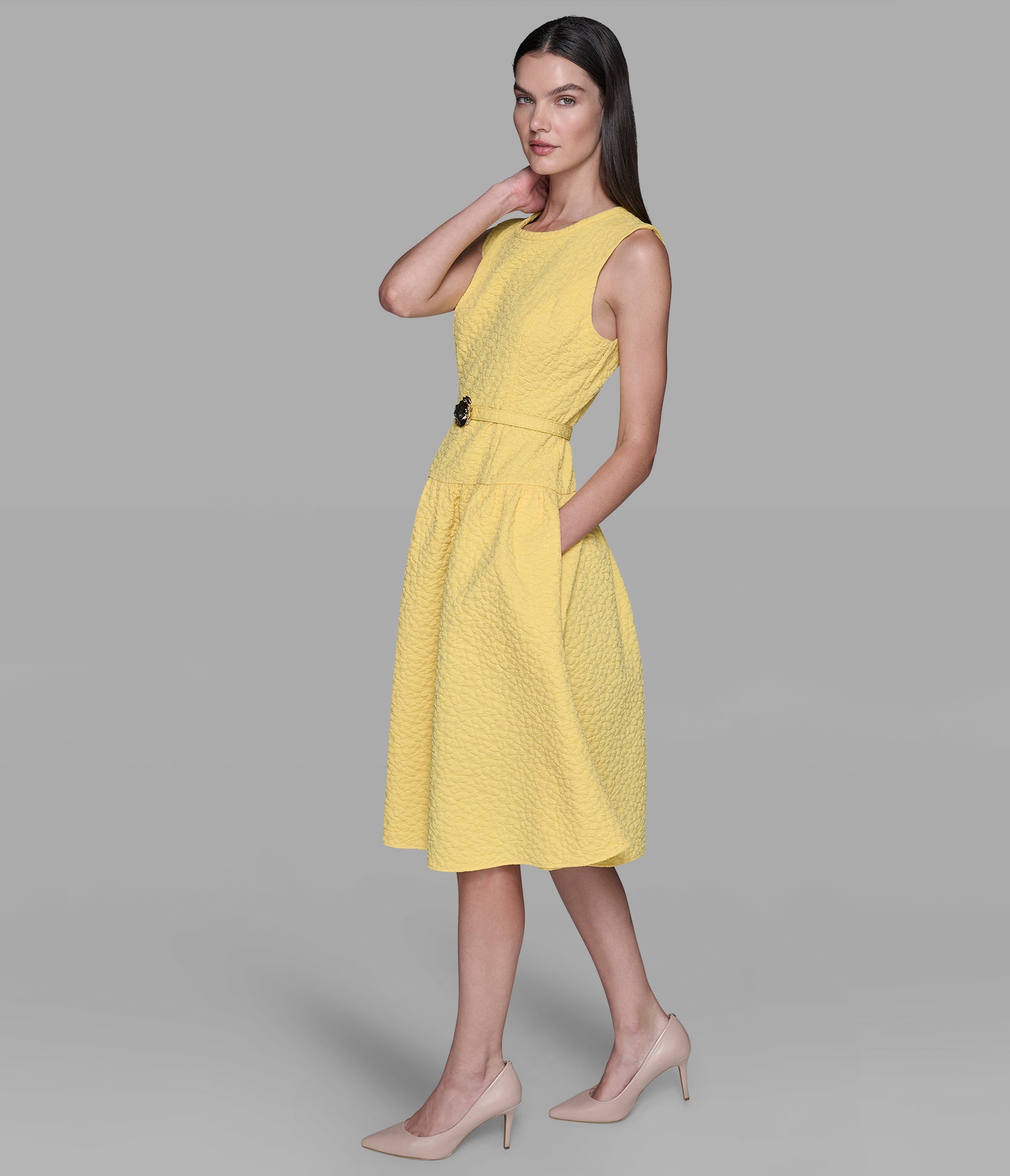 FLORAL JACQUARD A-LINE DRESS WITH FLOWER BELT VIEW 3 | Women's Clothing FLORAL JACQUARD A-LINE DRESS WITH FLOWER BELT VIEW 3 | Women's Clothing