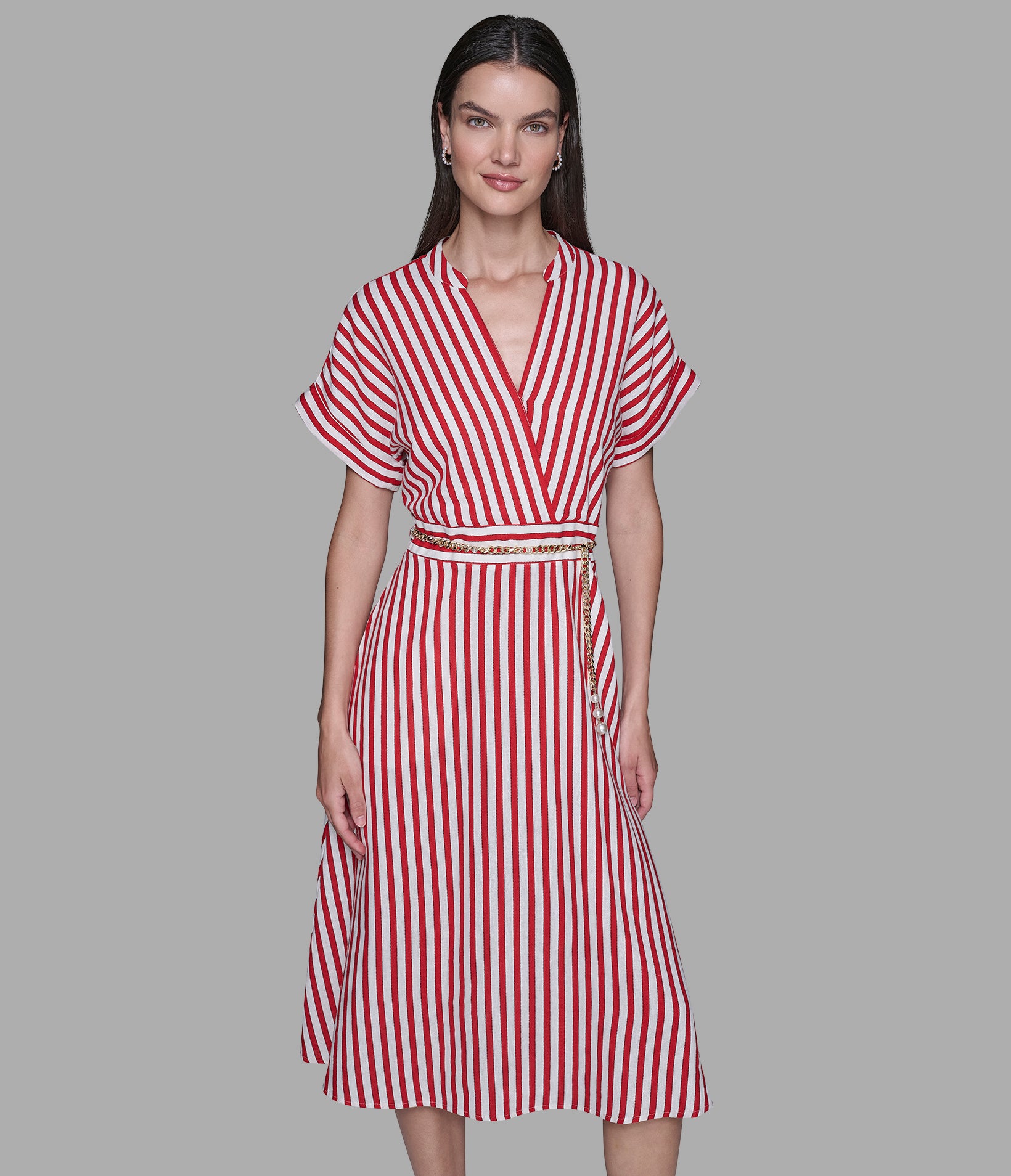 STRIPED LINEN MIDI DRESS WITH CHAIN BELT View 1 | Valentine's Day Shop STRIPED LINEN MIDI DRESS WITH CHAIN BELT View 1 | Valentine's Day Shop