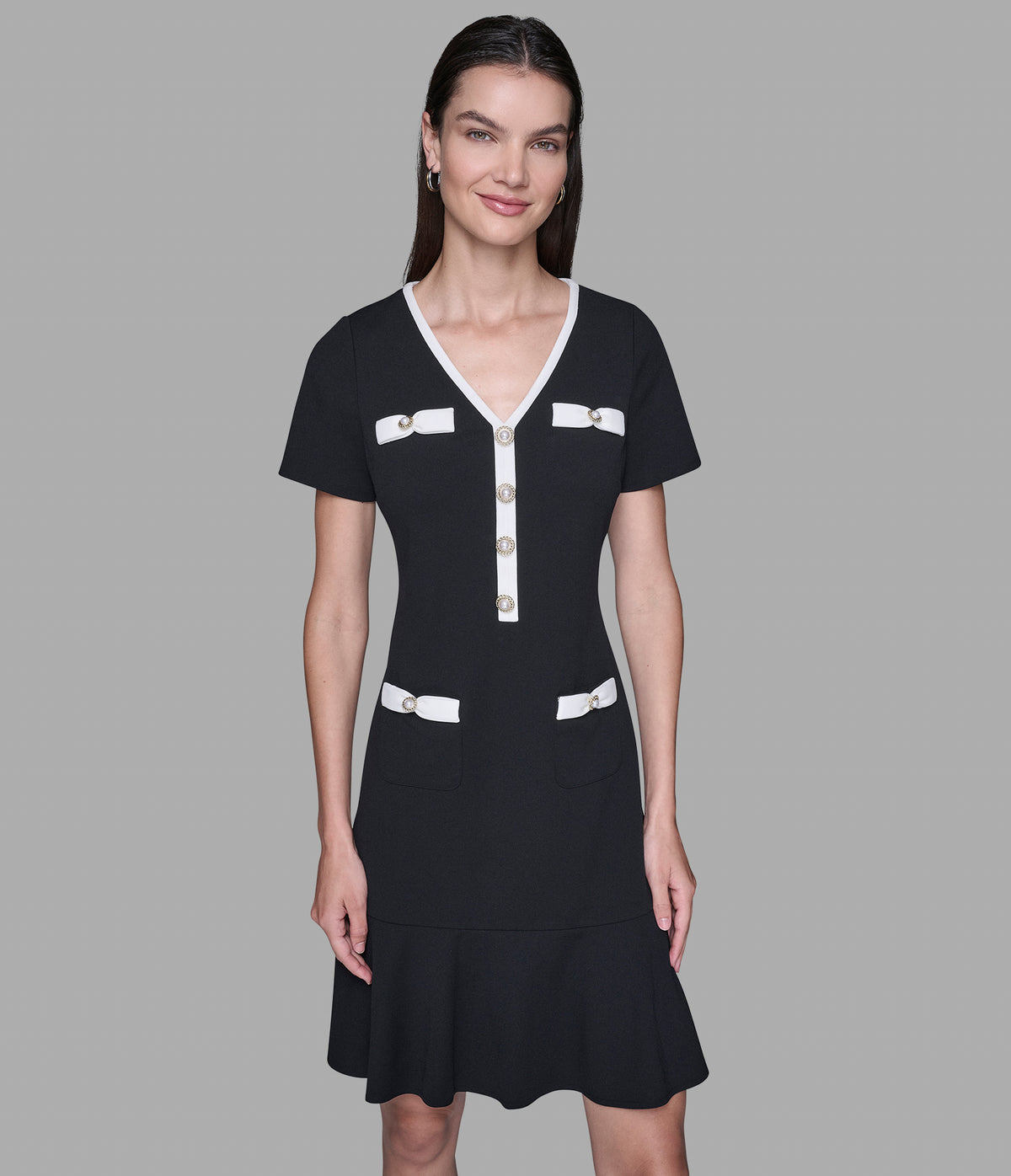 Karl Lagerfeld Paris Scuba Crepe A Line Dress - Black/ Soft White