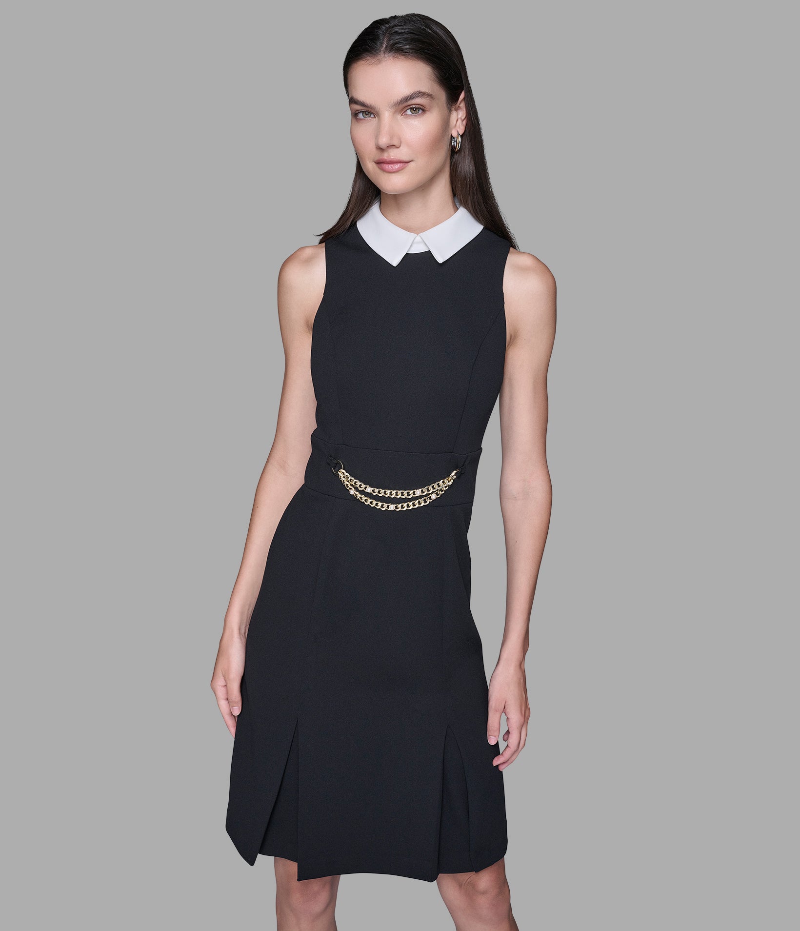 SCUBA CREPE SHEATH DRESS WITH CHAIN TRIM WAISTBAND View 1 | Women's Clothing SCUBA CREPE SHEATH DRESS WITH CHAIN TRIM WAISTBAND View 1 | Women's Clothing
