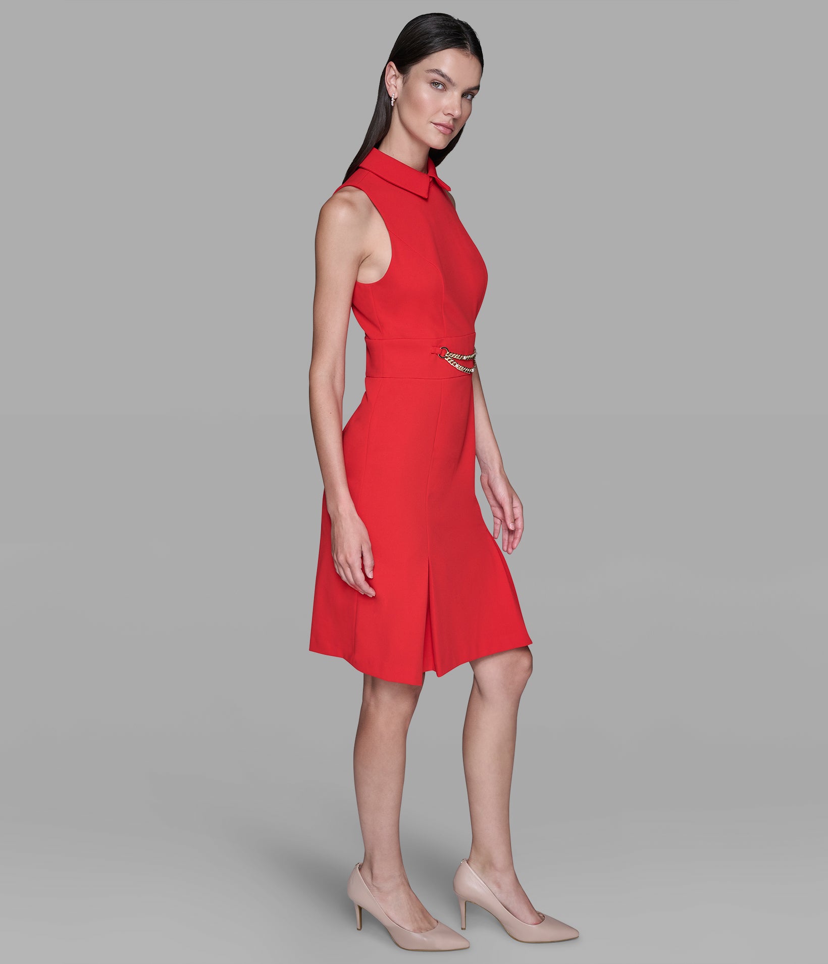SCUBA CREPE SHEATH DRESS WITH CHAIN TRIM WAISTBAND VIEW 3 | Valentine's Day Shop SCUBA CREPE SHEATH DRESS WITH CHAIN TRIM WAISTBAND VIEW 3 | Valentine's Day Shop