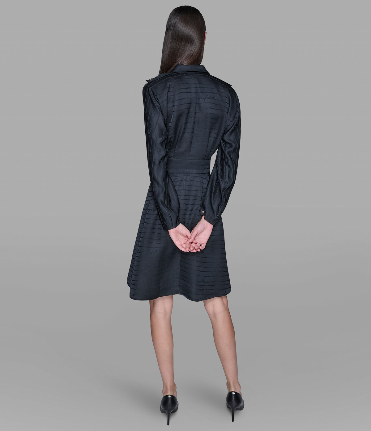 Karl Lagerfeld Paris Women's Tonal Long Sleeve Collared Jacquard Dress - Black