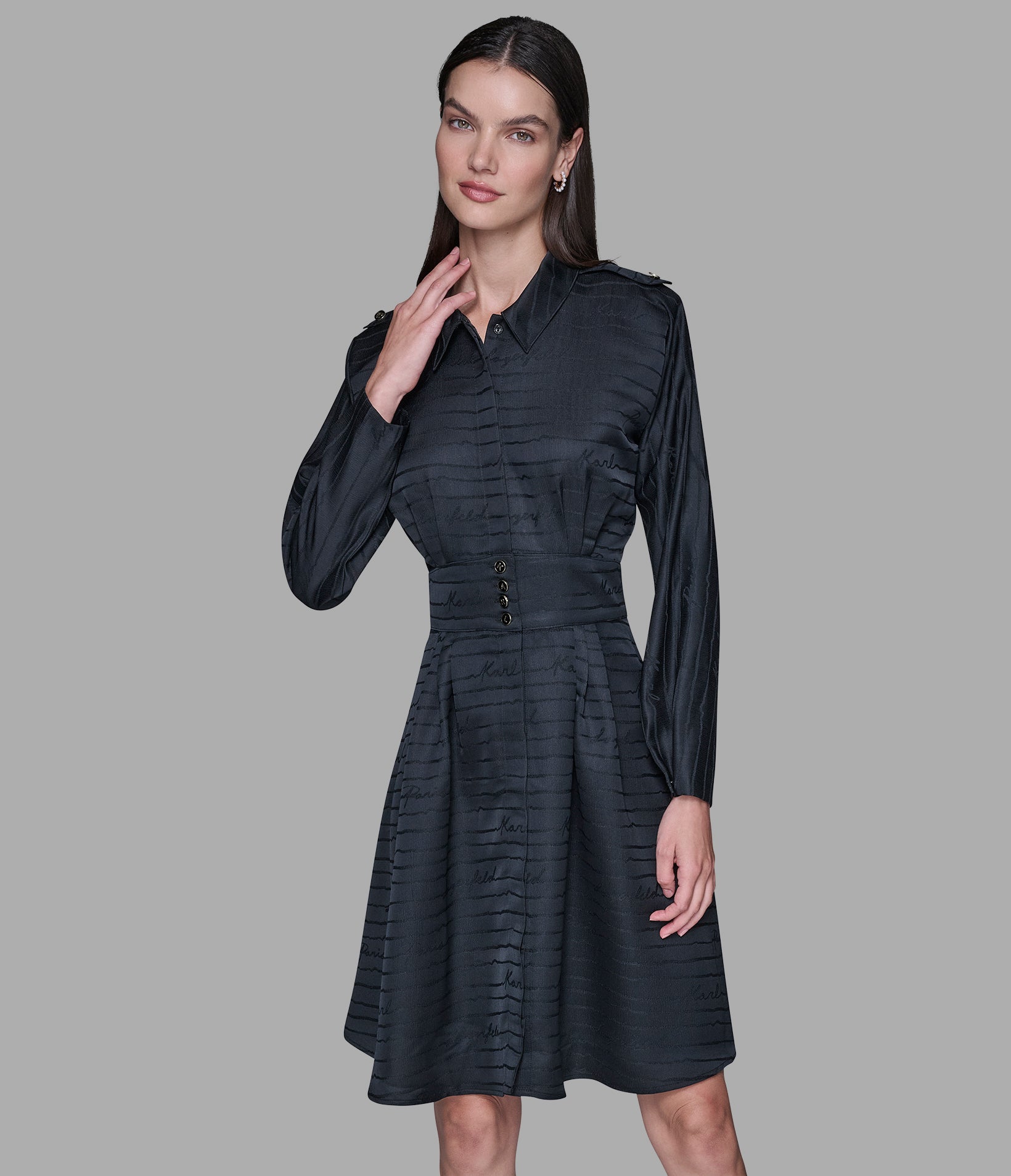 SILKY JACQUARD KARL BUTTON SHIRT DRESS View 1 | Women's Clothing SILKY JACQUARD KARL BUTTON SHIRT DRESS View 1 | Women's Clothing