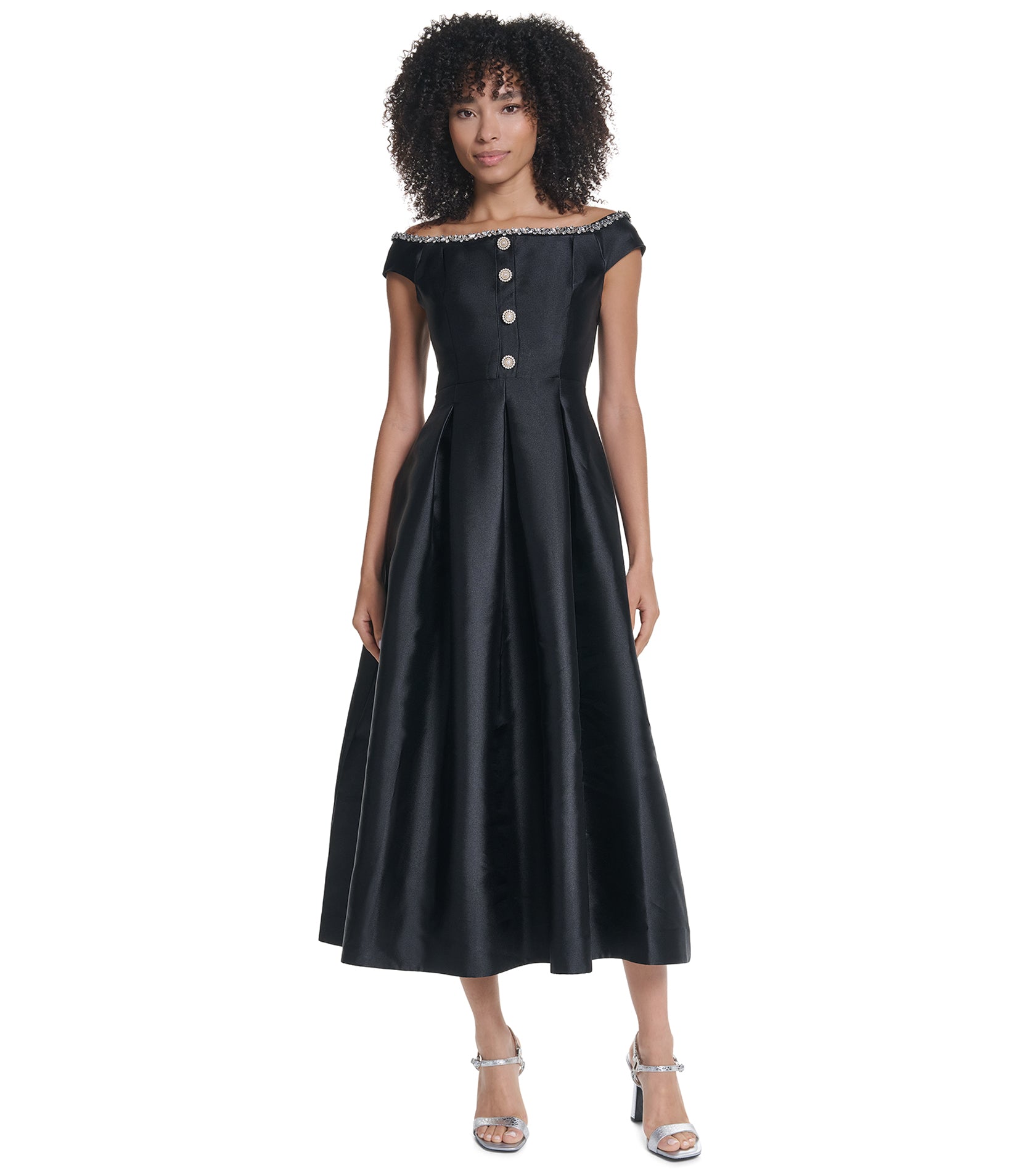 OFF THE SHOULDER A-LINE MIDI MIKADO DRESS VIEW 1 OFF THE SHOULDER A-LINE MIDI MIKADO DRESS VIEW 1