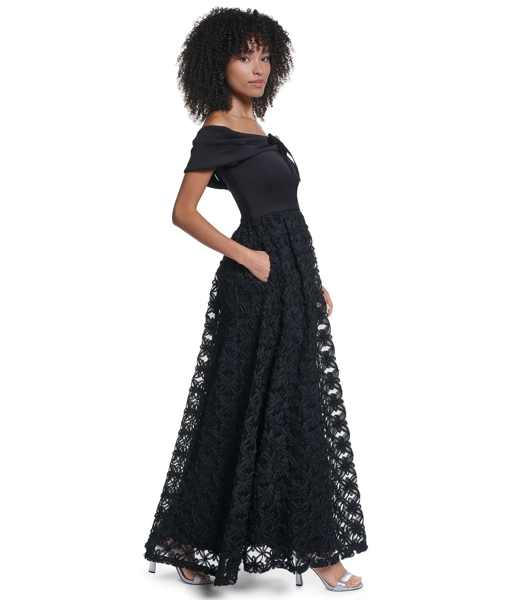 OFF THE SHOULDER BALLGOWN WITH CREPE BODICE AND RIBBON VIEW 4 OFF THE SHOULDER BALLGOWN WITH CREPE BODICE AND RIBBON VIEW 4