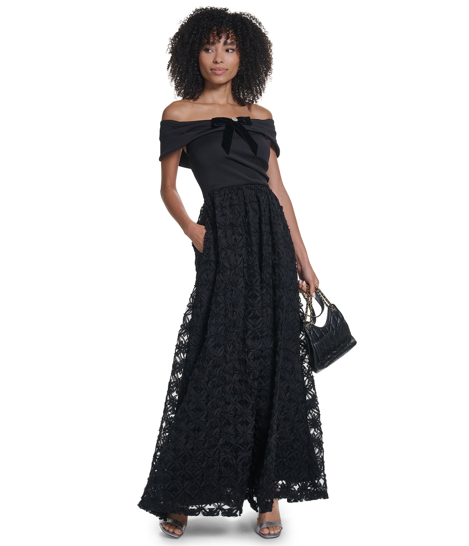 OFF THE SHOULDER BALLGOWN WITH CREPE BODICE AND RIBBON VIEW 1 OFF THE SHOULDER BALLGOWN WITH CREPE BODICE AND RIBBON VIEW 1