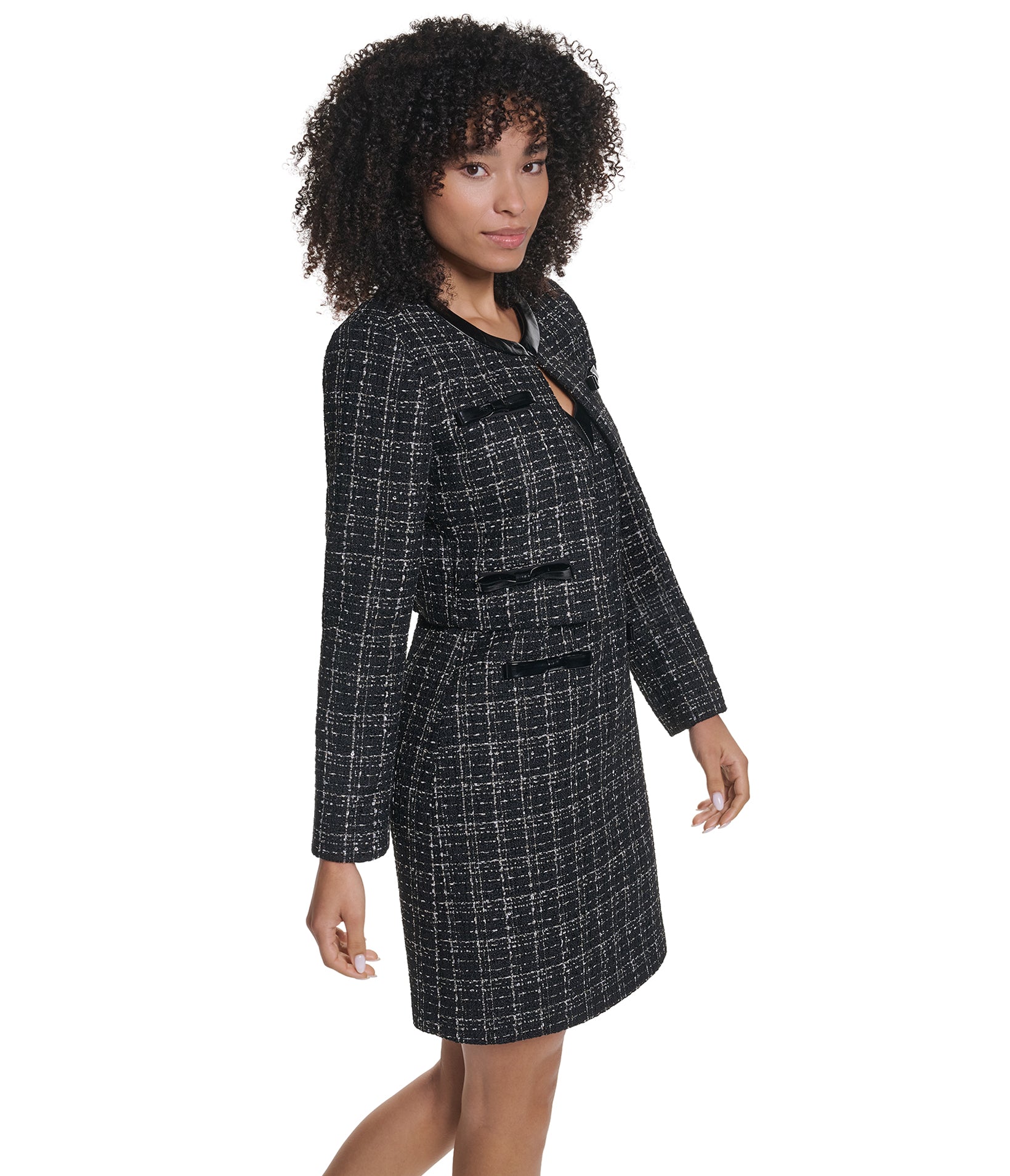 TWEED CROPPED BLAZER WITH FAUX LEATHER ACCENTS VIEW 3 TWEED CROPPED BLAZER WITH FAUX LEATHER ACCENTS VIEW 3