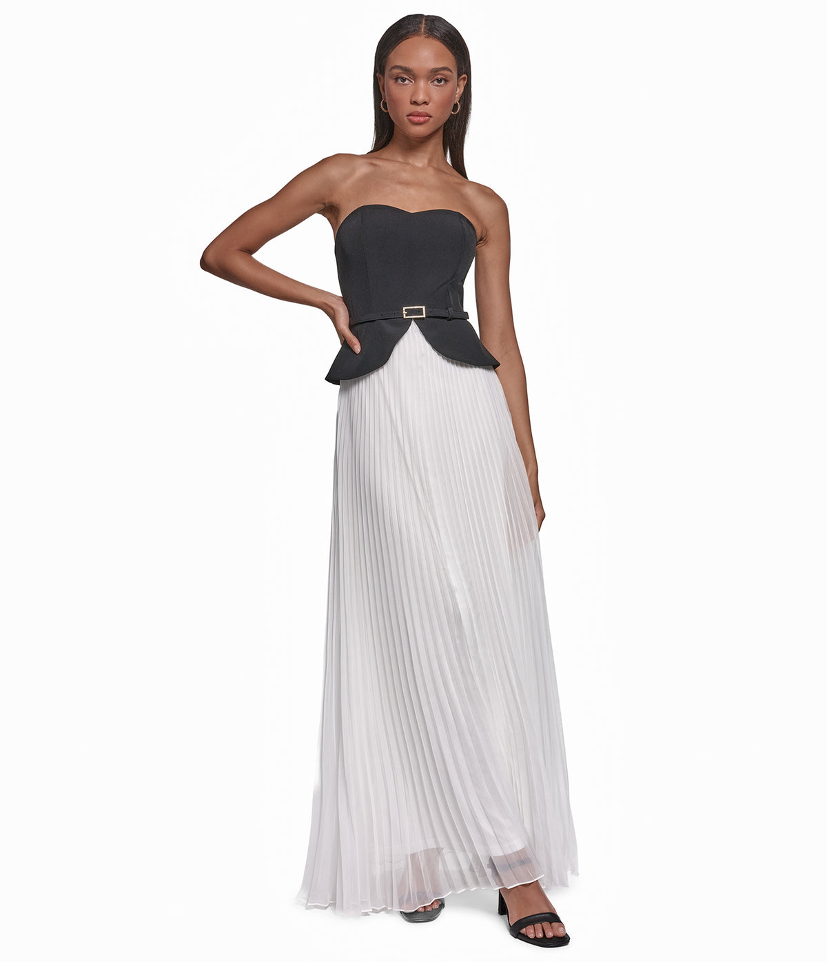 BELTED CREPE BODICE CHIFFON PLEATED GOWN VIEW 1 BELTED CREPE BODICE CHIFFON PLEATED GOWN VIEW 1